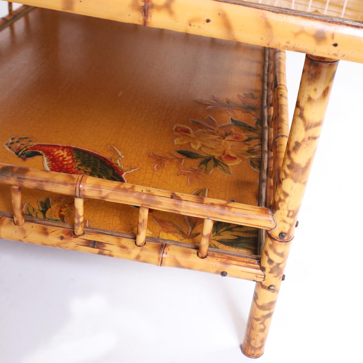 Burnt Bamboo Coffee Table with a Decoupage Top In Good Condition For Sale In Palm Beach, FL