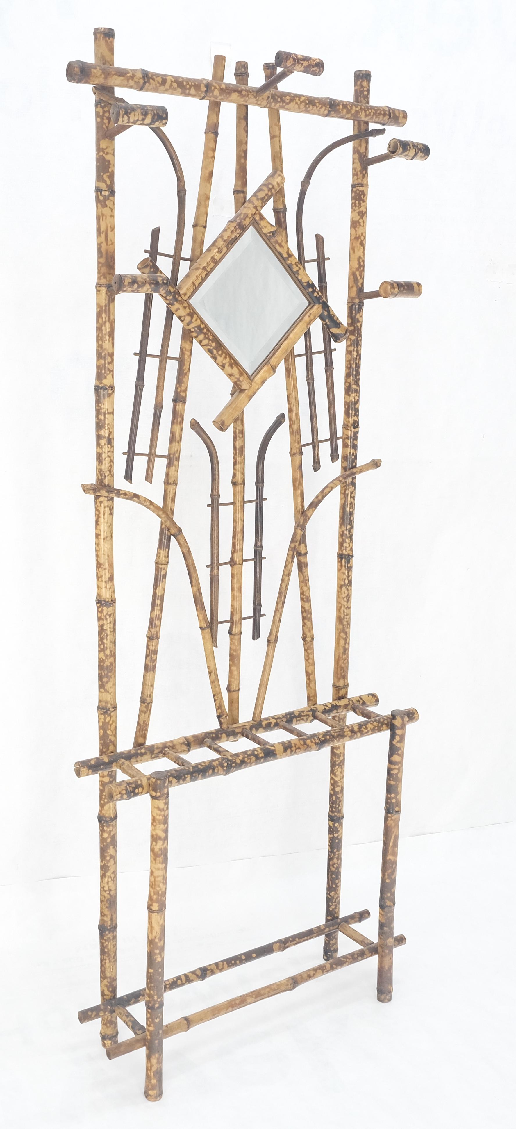 Unknown Burnt Bamboo Decorative Wall Coat Rack Mirror Umbrella Stand MINT! For Sale