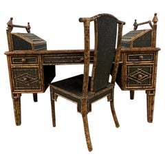 Burnt Bamboo Desk and Chair Set, British Colonial Style, Circa 1970s
