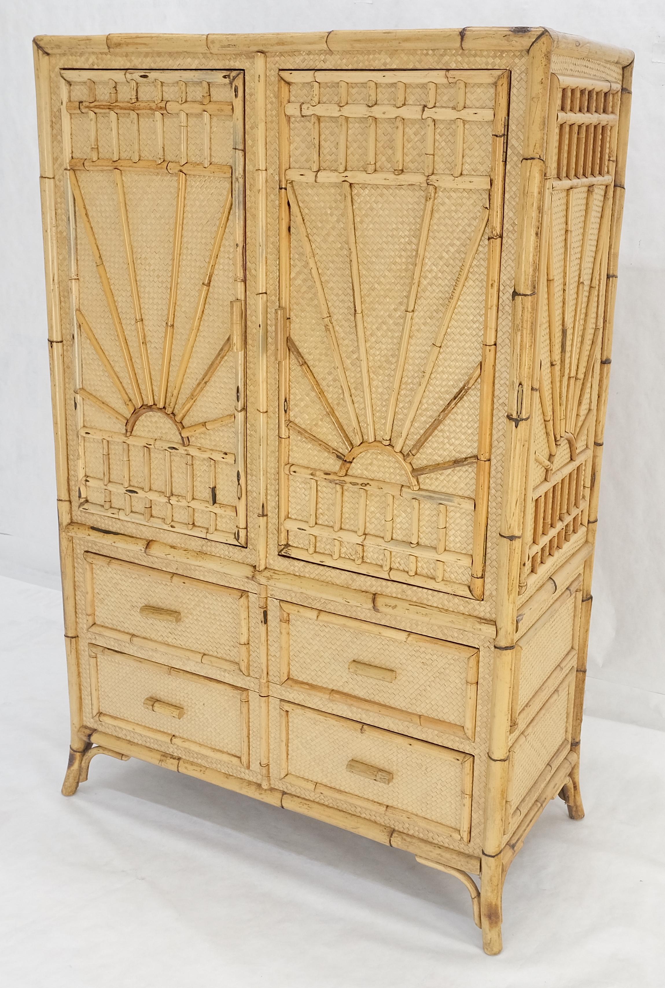 Mid-Century Modern Burnt Bamboo Grass Cloth Two Doors Chifforobe Cabinet Gentleman's Chest Dresser For Sale