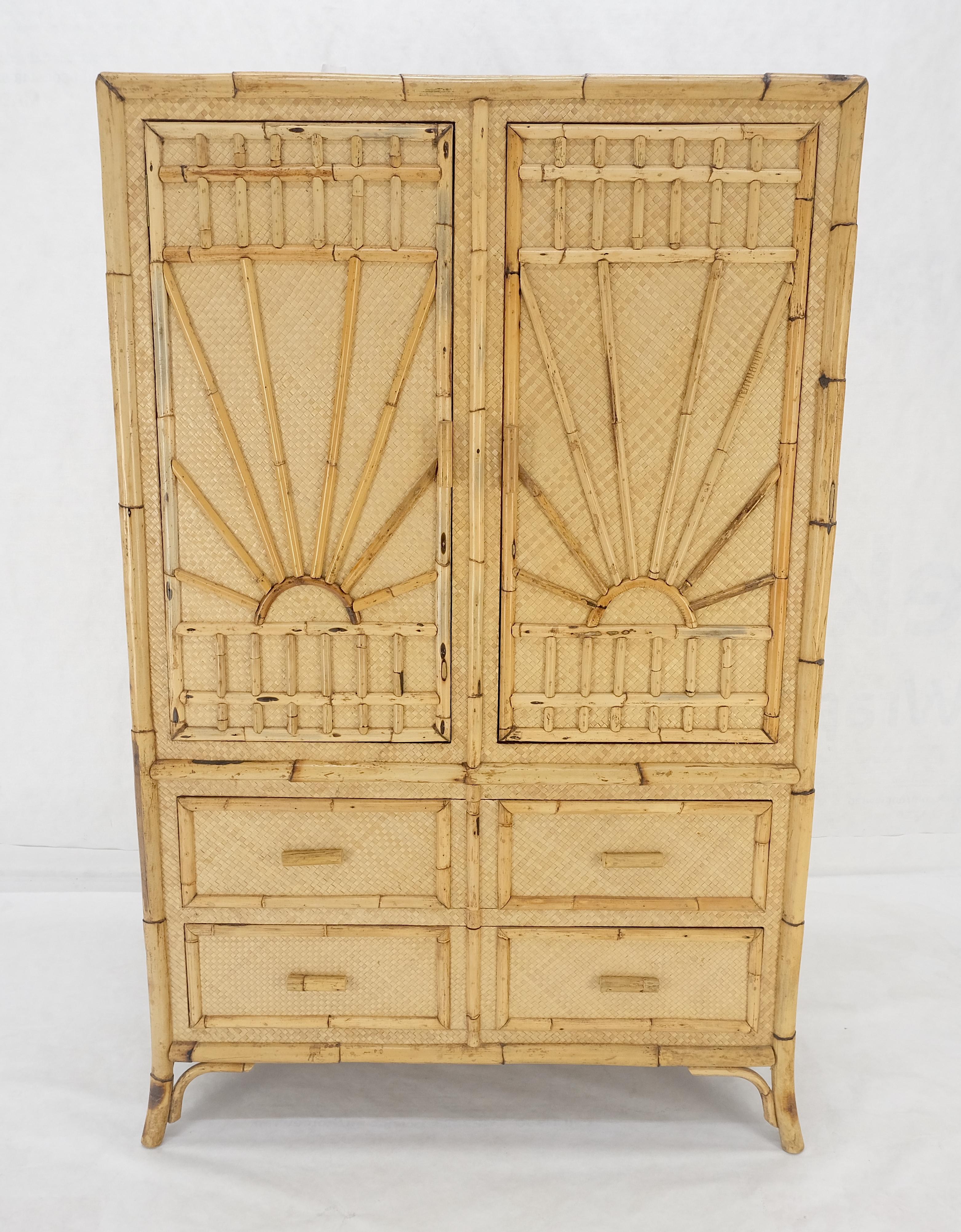 Burnt Bamboo Grass Cloth Two Doors Chifforobe Cabinet Gentleman's Chest Dresser In Good Condition For Sale In Rockaway, NJ