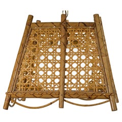 Vintage Burnt Bamboo Rattan and Wicker Pendant Light with Glass Diffuser
