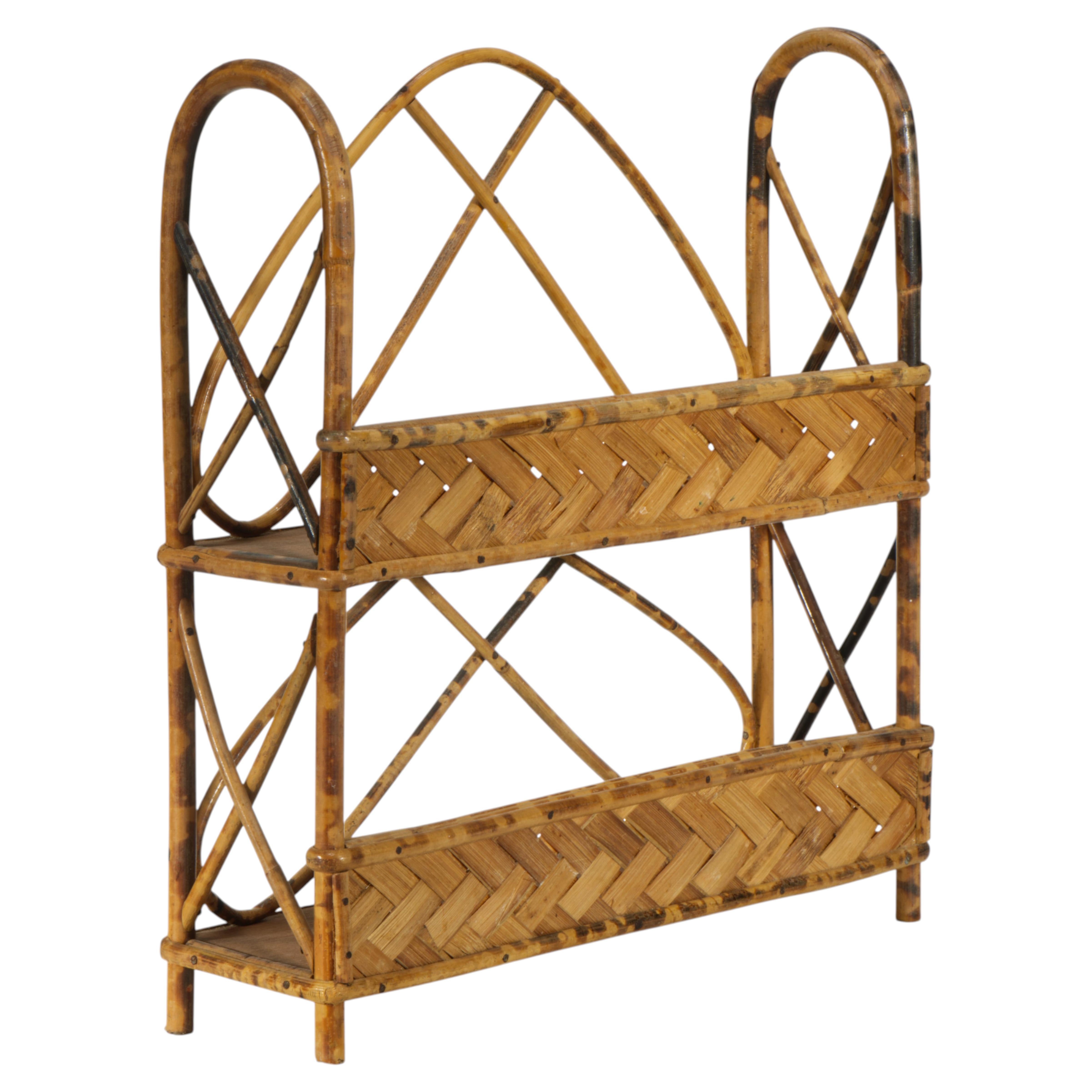 Burnt Bamboo Rattan and Wicker Two Tiered Shelf, 1950s For Sale