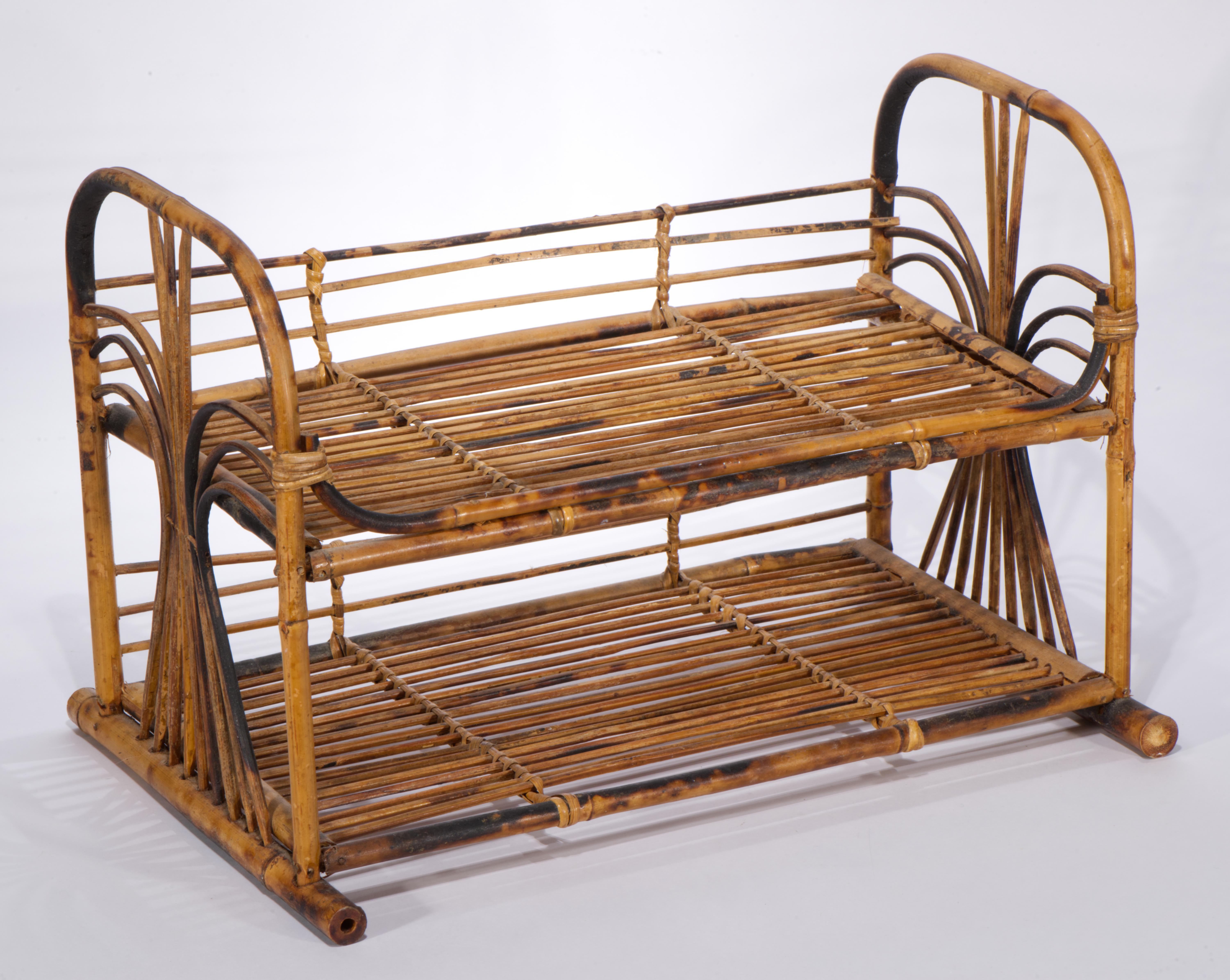 Burnt Bamboo Rattan and Wicker Vintage Tiered Shelf, 1950s For Sale 4