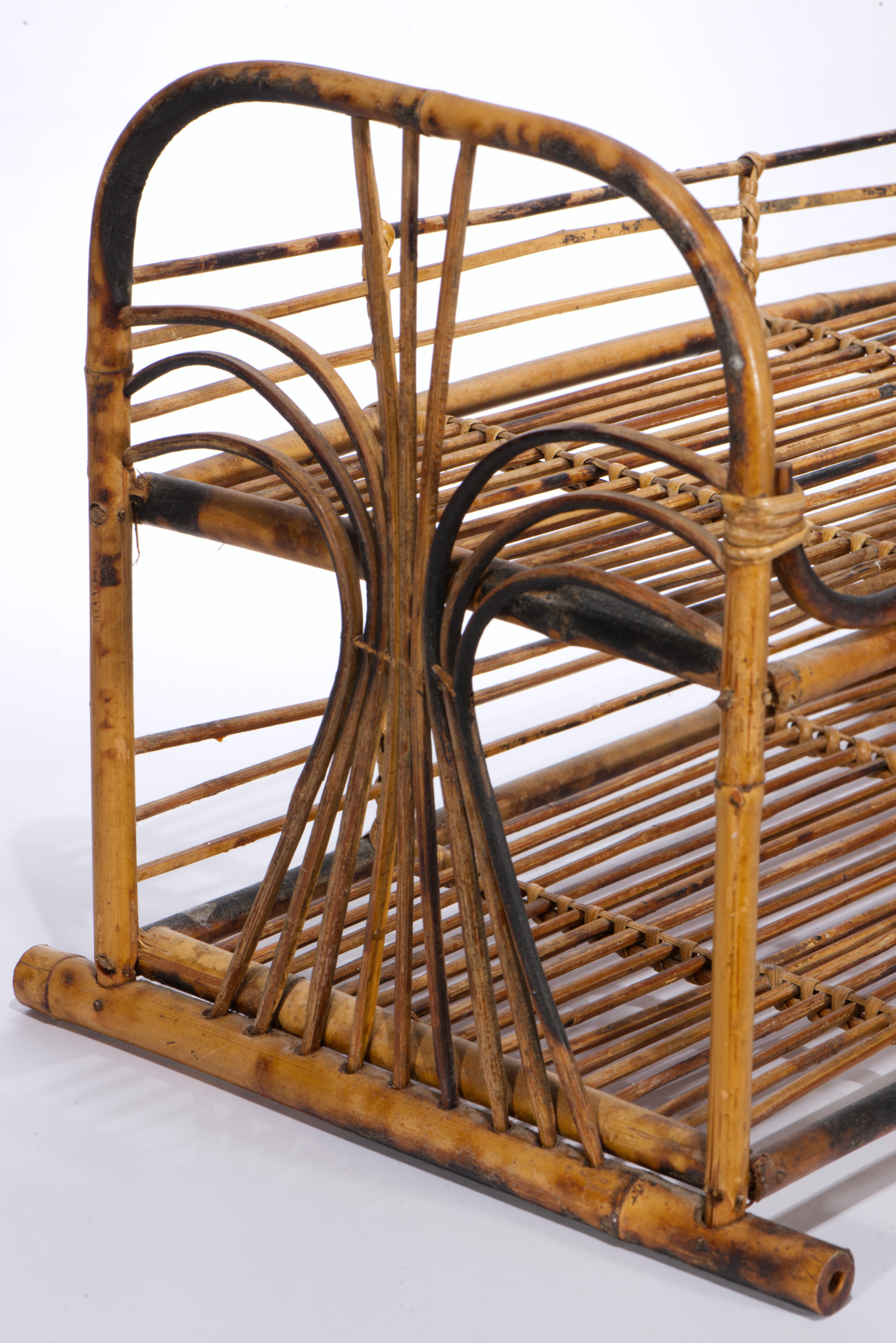 Hand-Crafted Burnt Bamboo Rattan and Wicker Vintage Tiered Shelf, 1950s For Sale