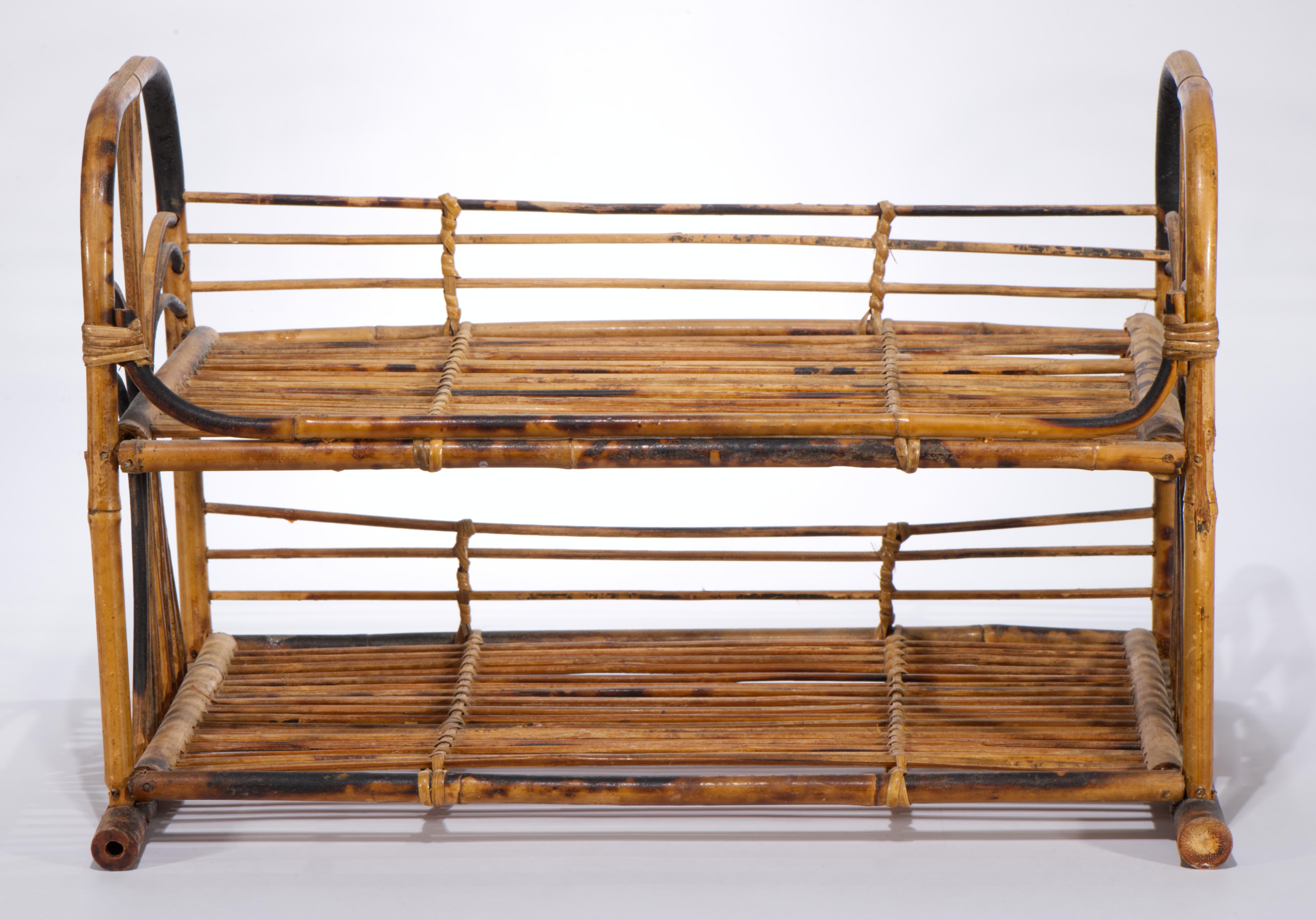 20th Century Burnt Bamboo Rattan and Wicker Vintage Tiered Shelf, 1950s For Sale