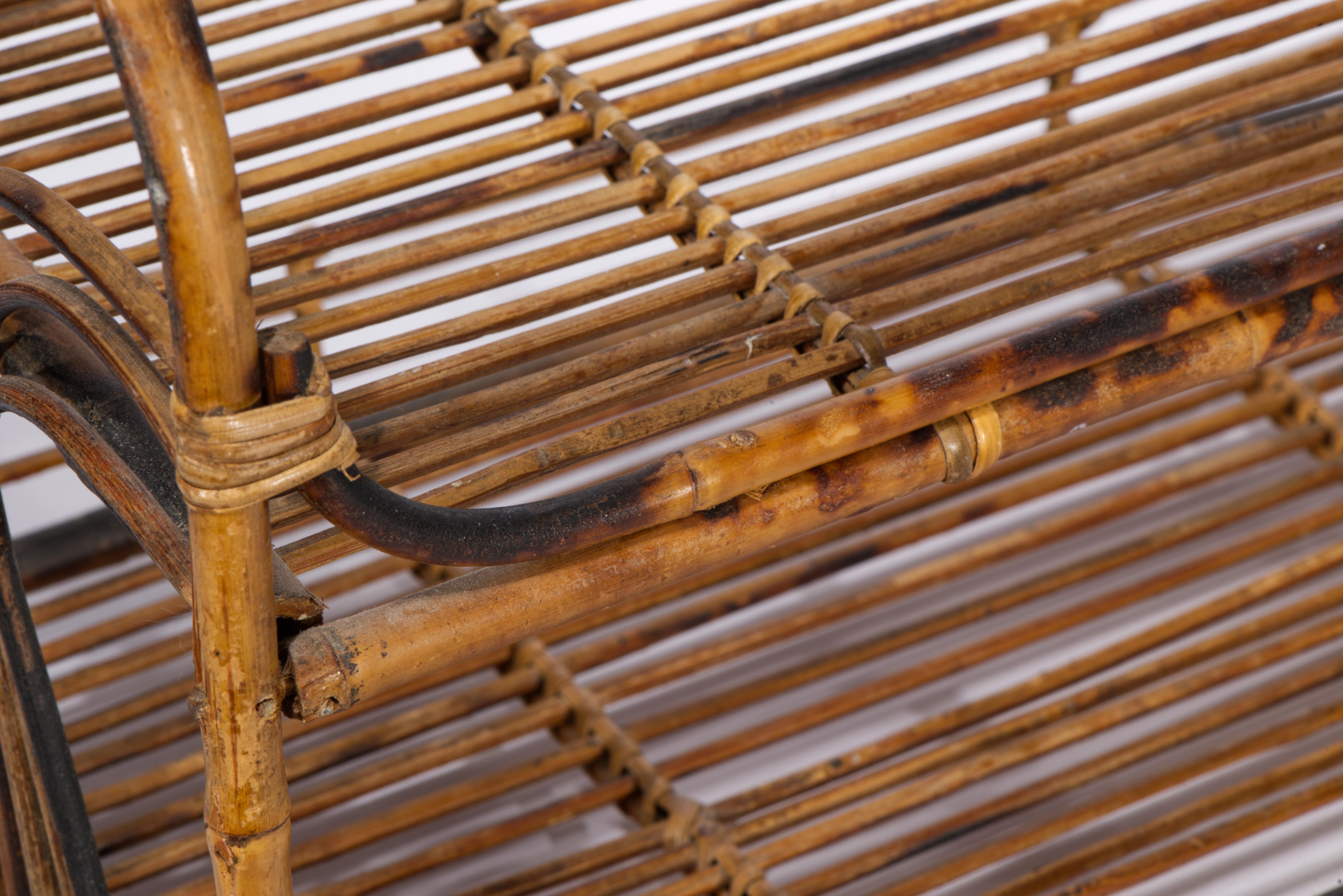 Burnt Bamboo Rattan and Wicker Vintage Tiered Shelf, 1950s For Sale 1