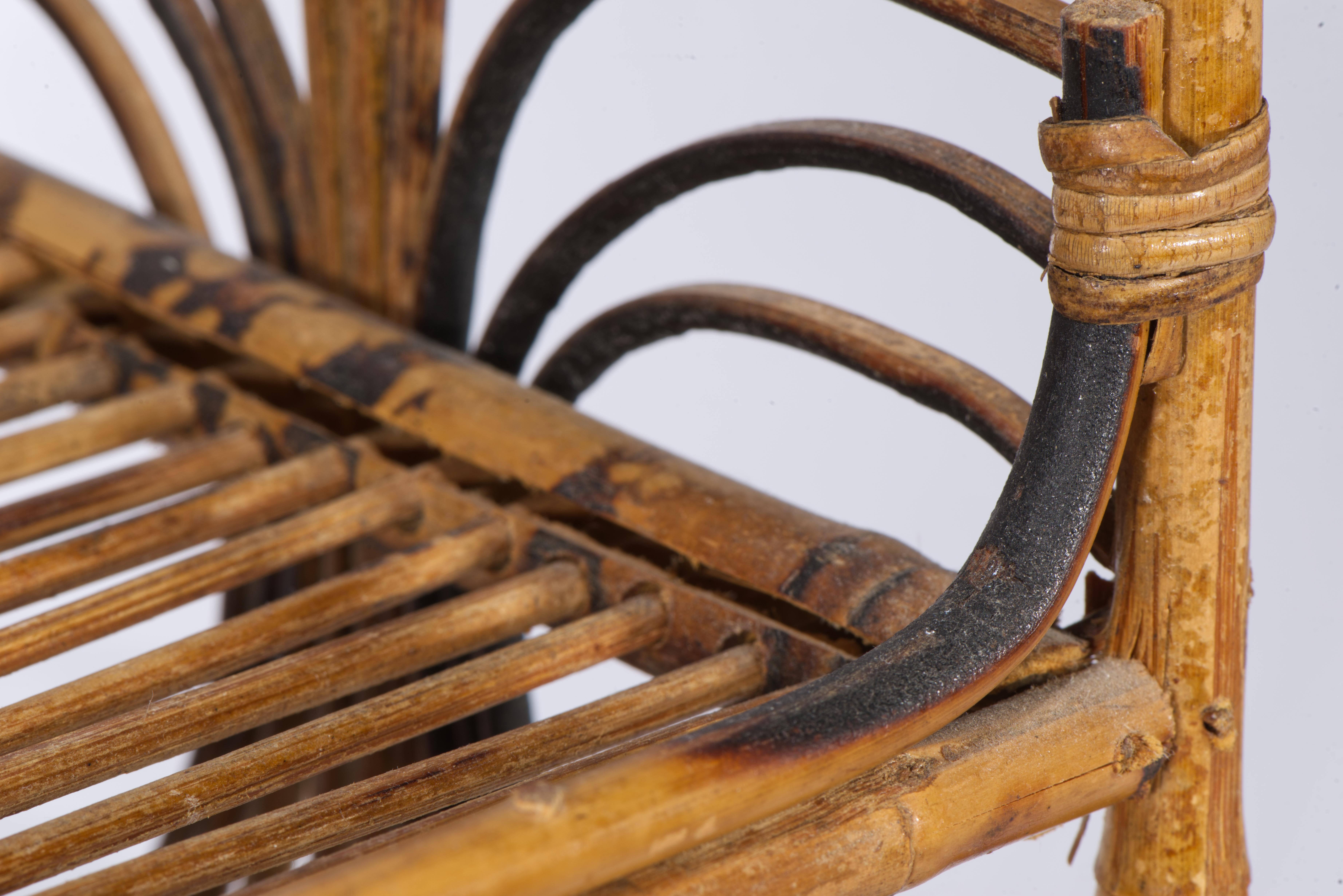 Burnt Bamboo Rattan and Wicker Vintage Tiered Shelf, 1950s For Sale 3