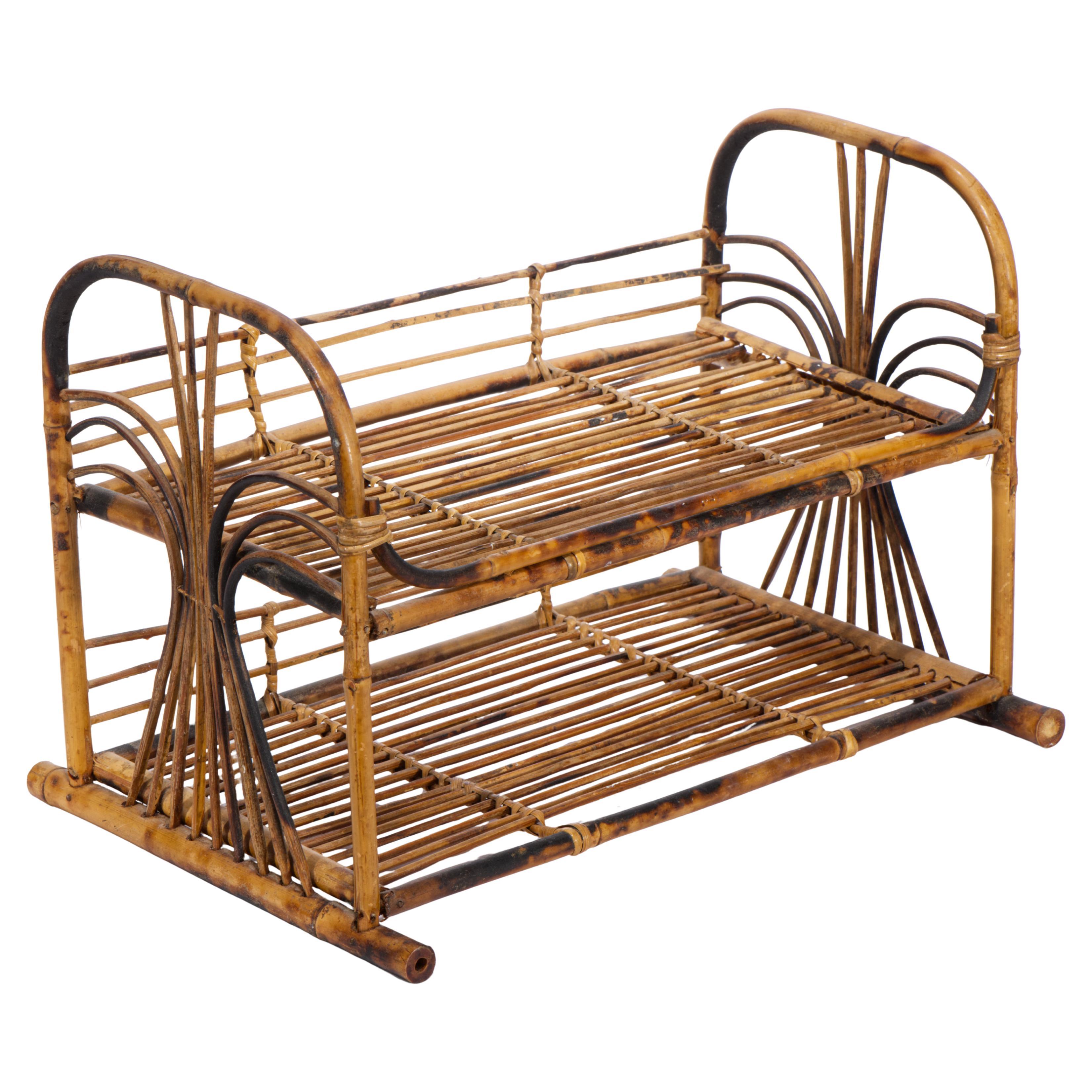Burnt Bamboo Rattan and Wicker Vintage Tiered Shelf, 1950s For Sale