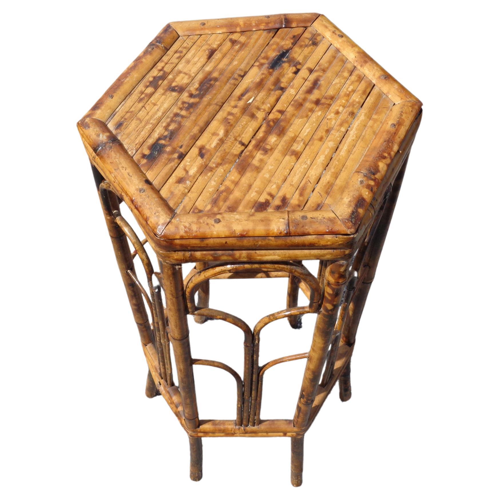 Unknown Burnt Tortoise Bamboo Rattan Hexagonal Plant Stand, Circa 1970