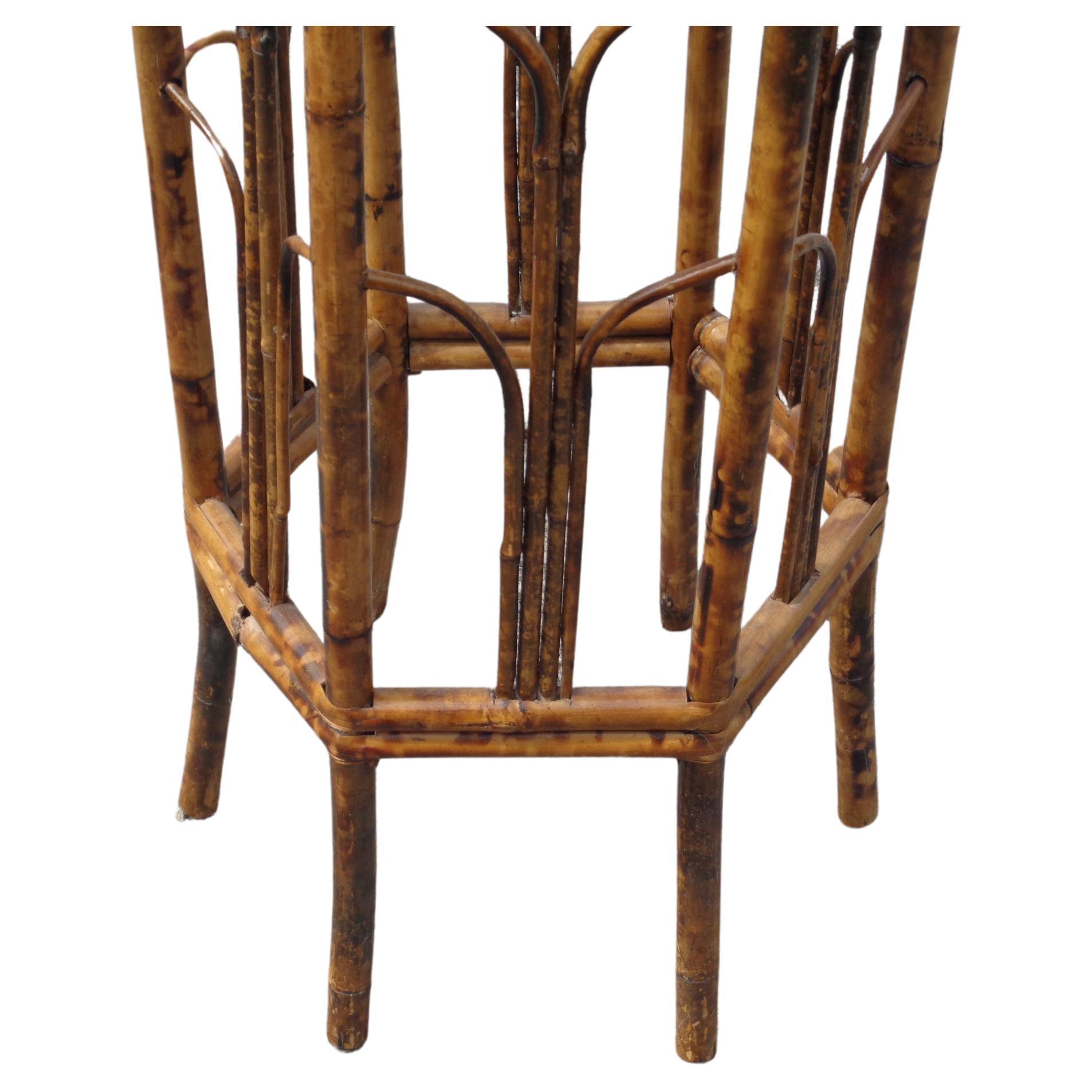Burnished Burnt Tortoise Bamboo Rattan Hexagonal Plant Stand, Circa 1970
