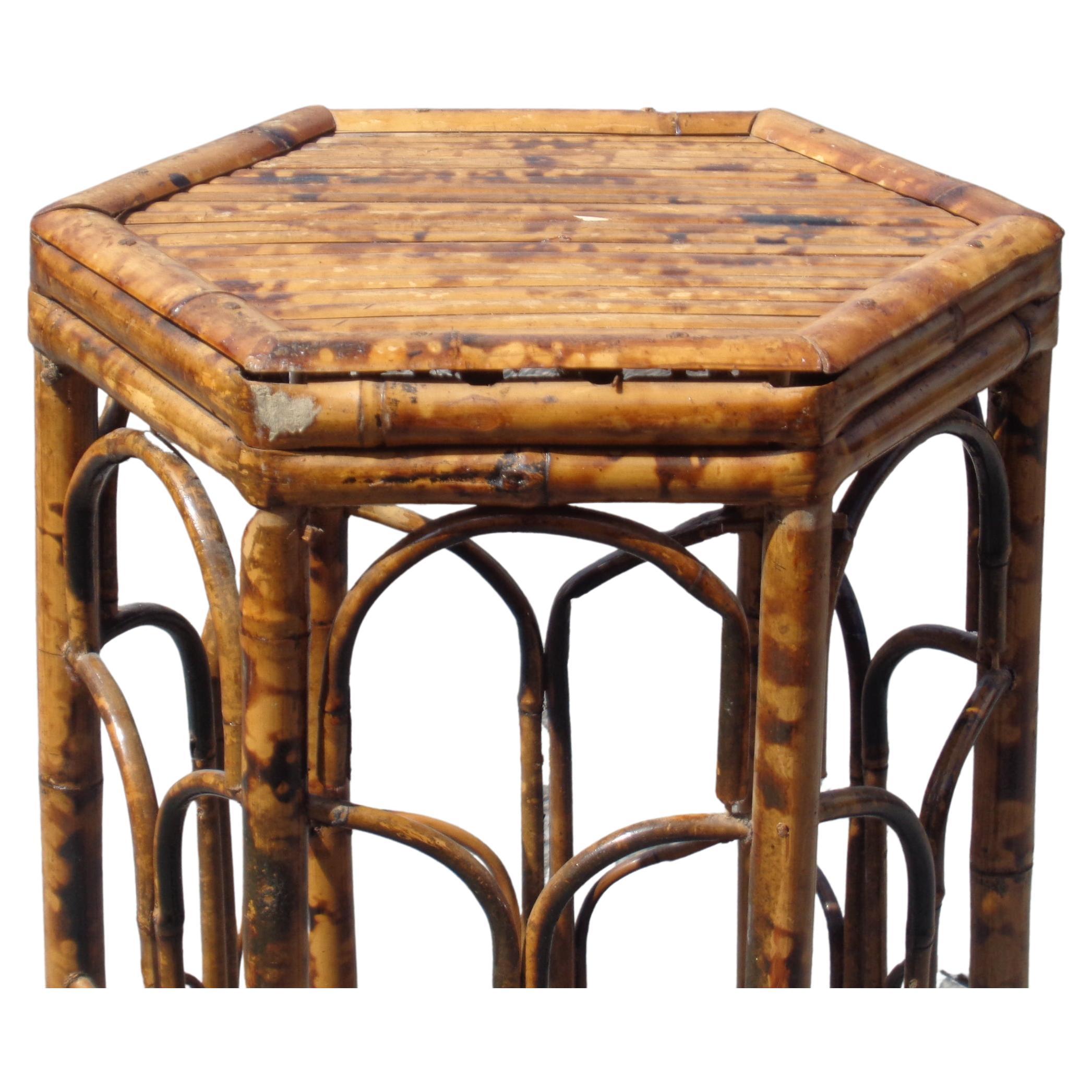 Burnt Tortoise Bamboo Rattan Hexagonal Plant Stand, Circa 1970 1