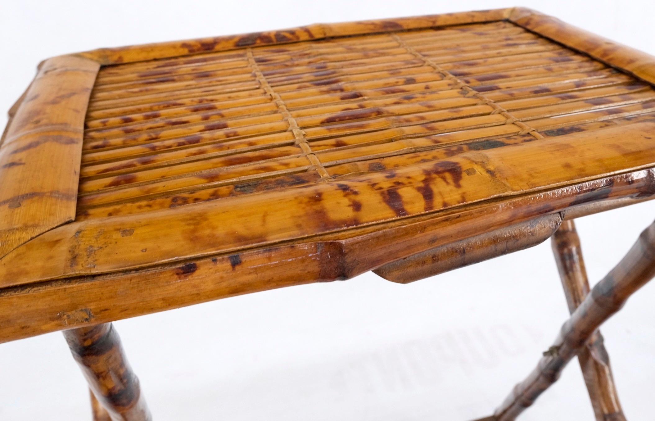 20th Century Burnt Bamboo Vintage Folding Cafe Occasional Table w/ Two Matching Chairs Set For Sale