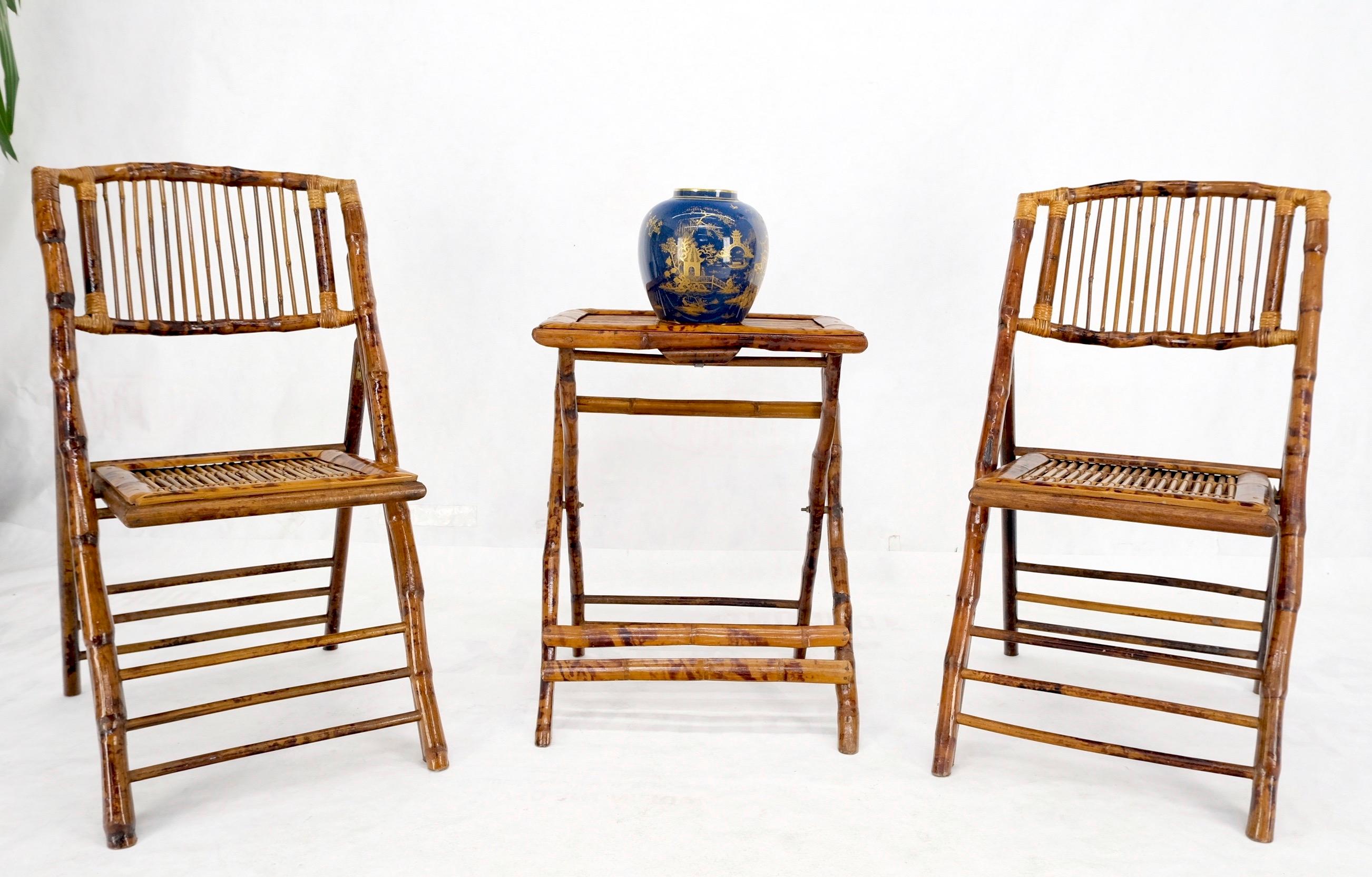 Burnt Bamboo Vintage Folding Cafe Occasional Table w/ Two Matching Chairs Set  For Sale 2