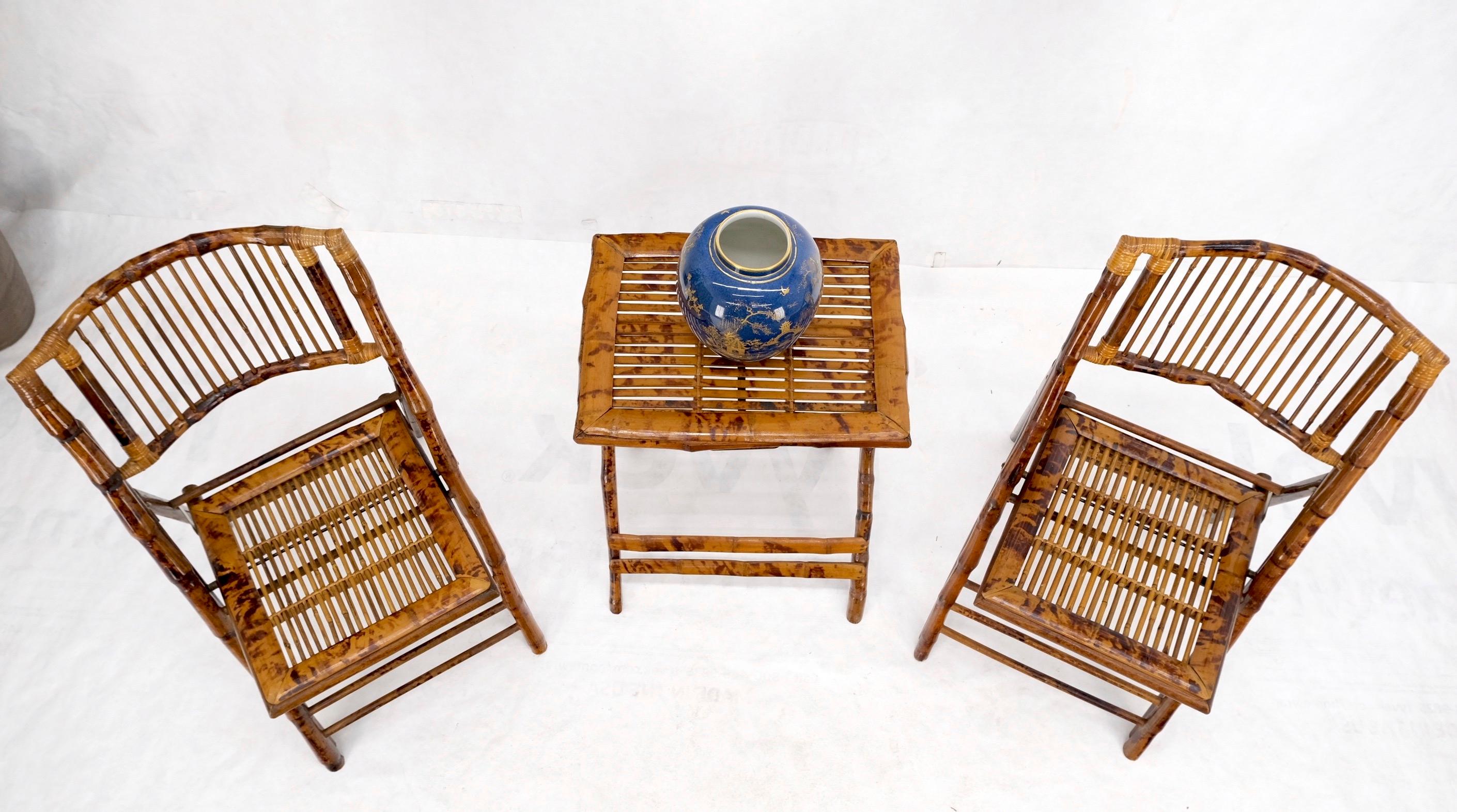 Burnt Bamboo Vintage Folding Cafe Occasional Table w/ Two Matching Chairs Set  For Sale 5
