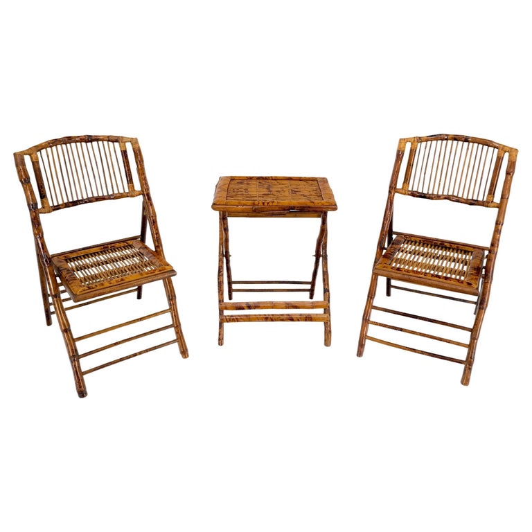 Burnt Bamboo Vintage Folding Cafe Occasional Table w/ Two Matching