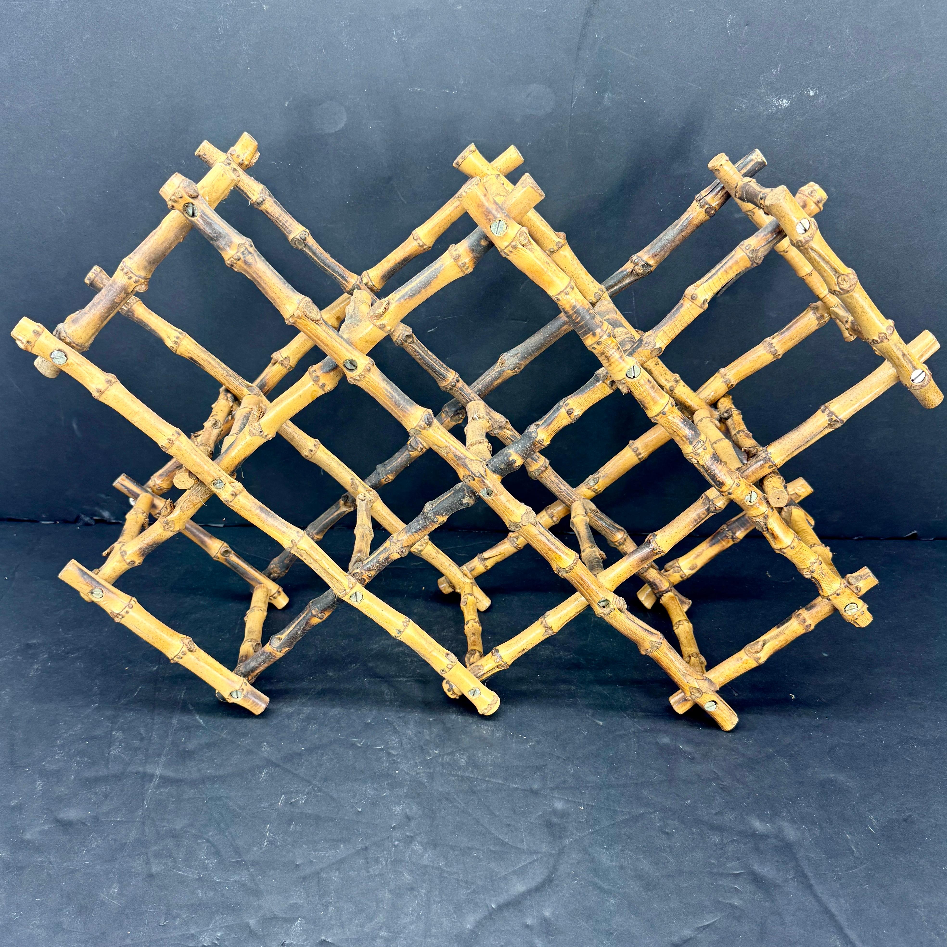 Mid-Century Modern Burnt Bamboo Wine Bottle Rack Storage Display For Sale