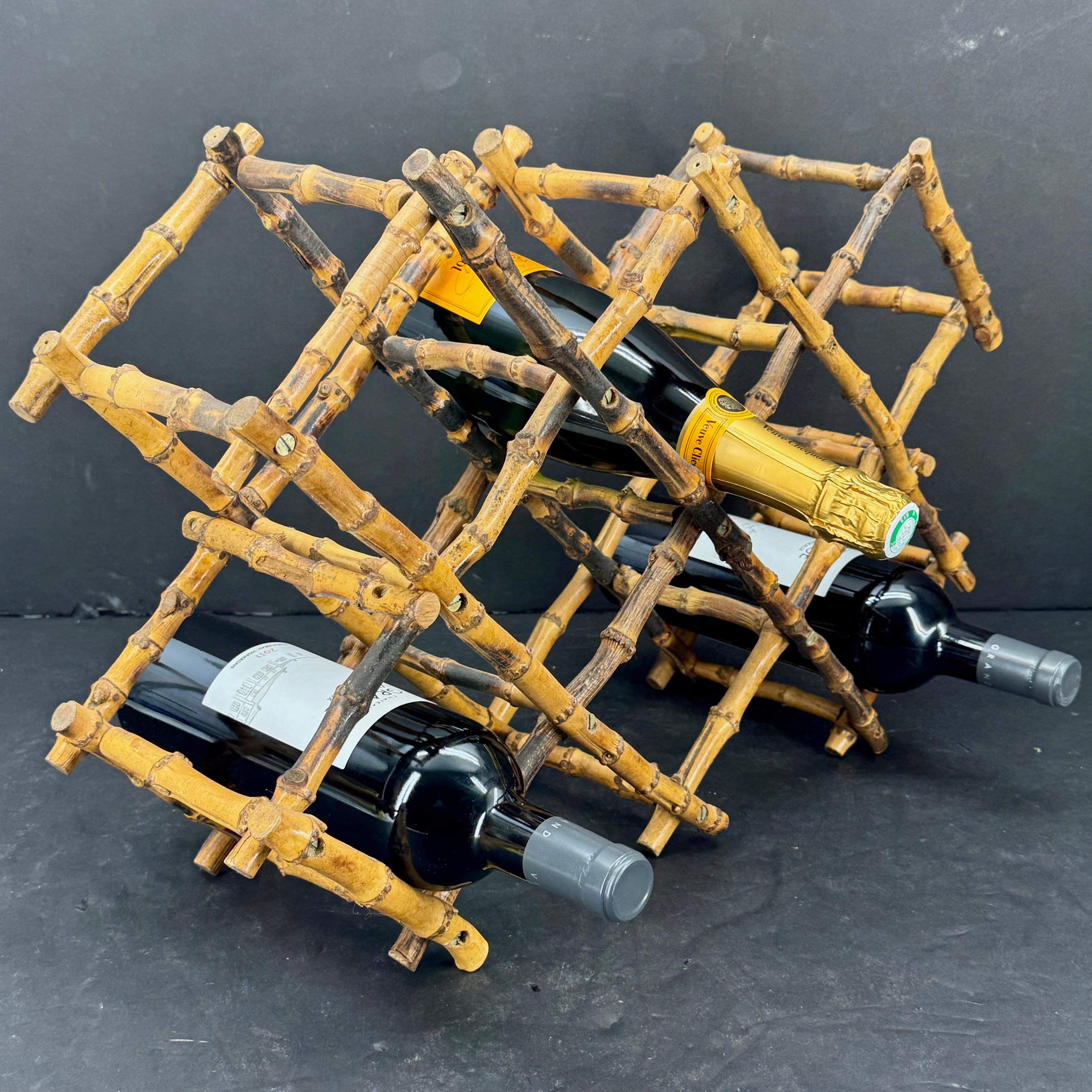 English Burnt Bamboo Wine Bottle Rack Storage Display For Sale