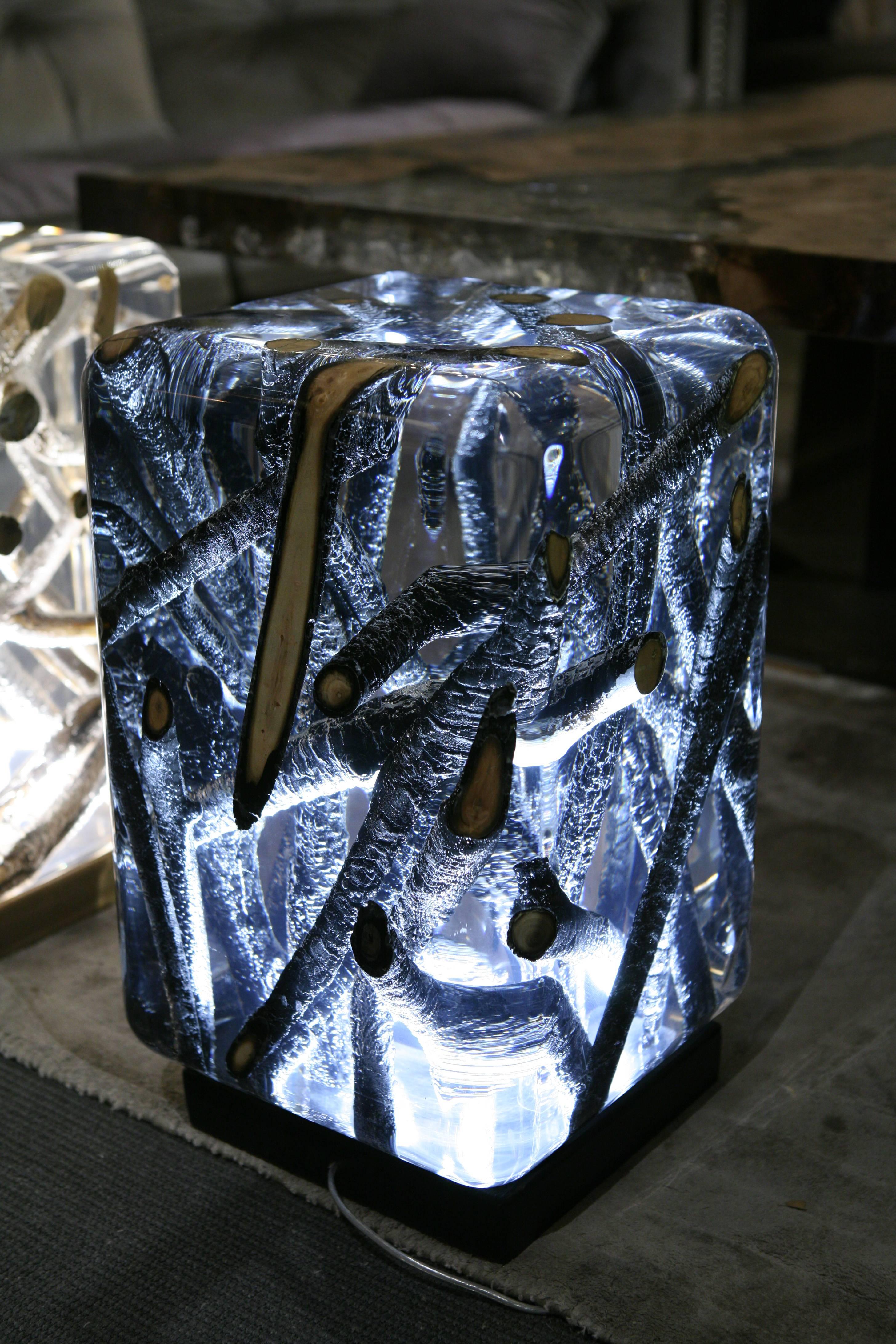 Fait main Table d'appoint Burnt Branches en verre acrylique et bois brûlé en vente