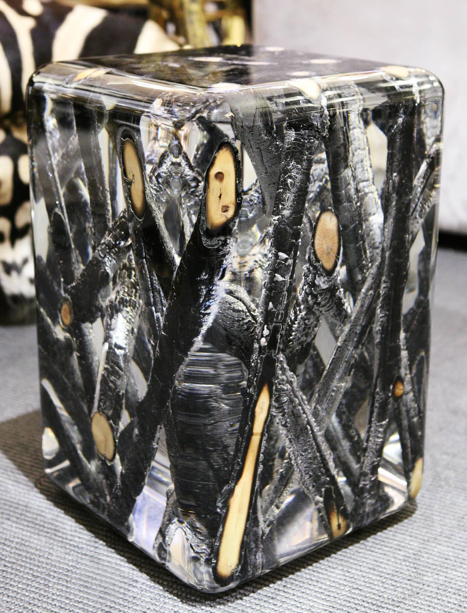 Acrylique Table d'appoint Burnt Branches en verre acrylique et bois brûlé en vente