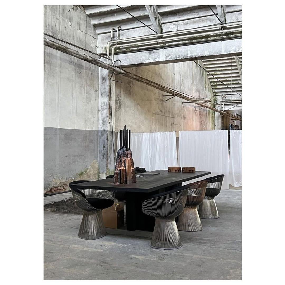Burnt Iroko Wood Rectangular Table with Rectangular Beam Base by Arno Declercq For Sale 4