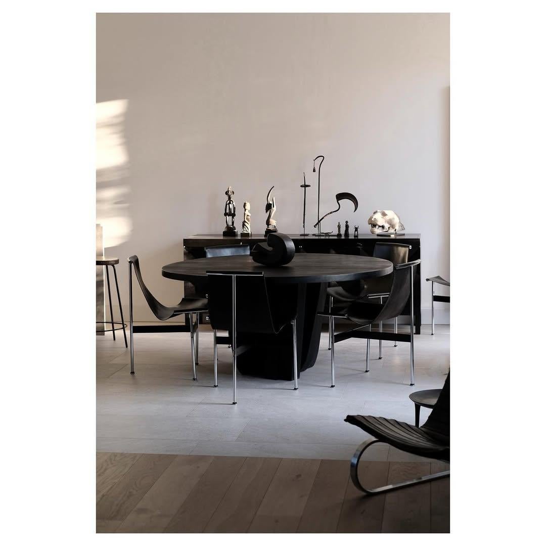 Burnt Iroko Wood Round Table with Rectangular Beam Base by Arno Declercq For Sale 4