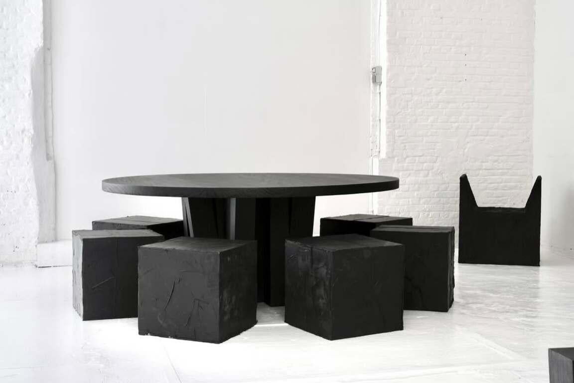 Burnt Iroko Wood Round Table with Rectangular Beam Base by Arno Declercq For Sale 5