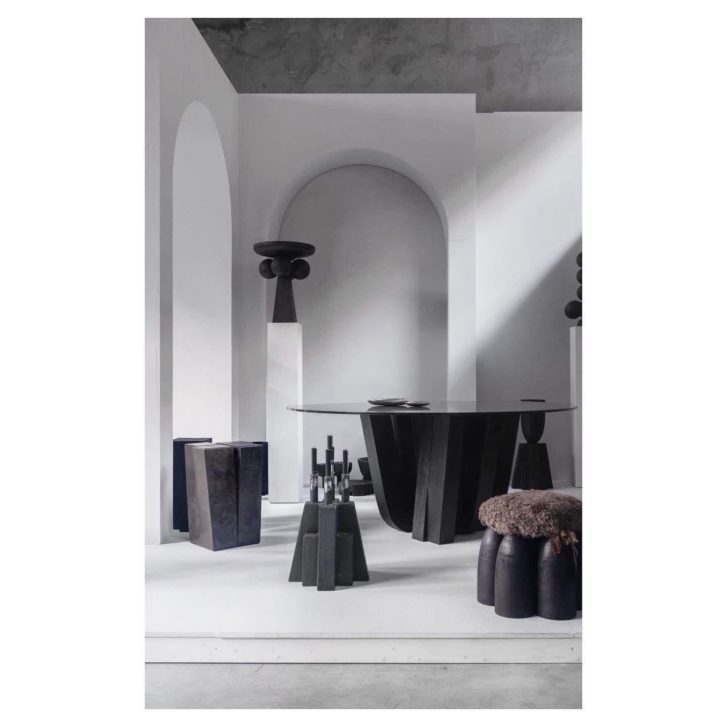 Burnt Iroko Wood Round Table with Rectangular Beam Base by Arno Declercq For Sale 2