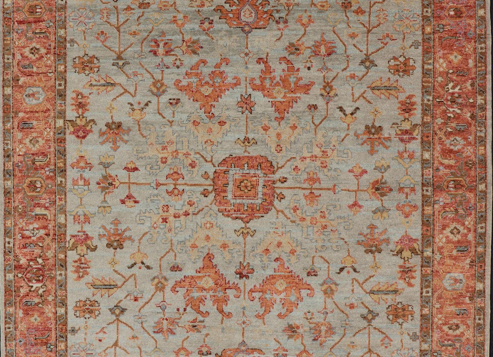 Indian  Burnt Orange and Cool Gray Modern Floral Oushak with All-Over Design For Sale