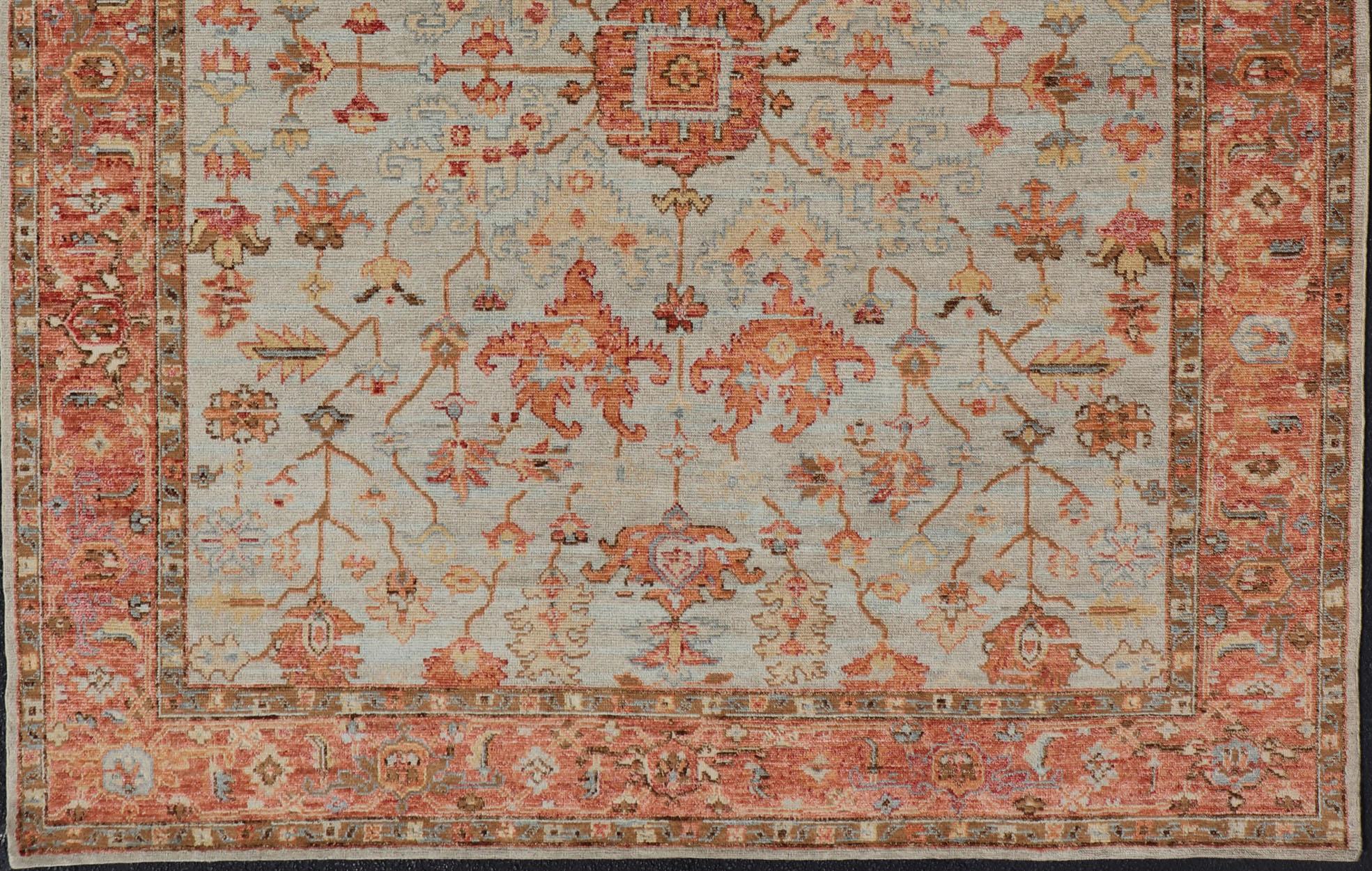 Hand-Knotted  Burnt Orange and Cool Gray Modern Floral Oushak with All-Over Design For Sale