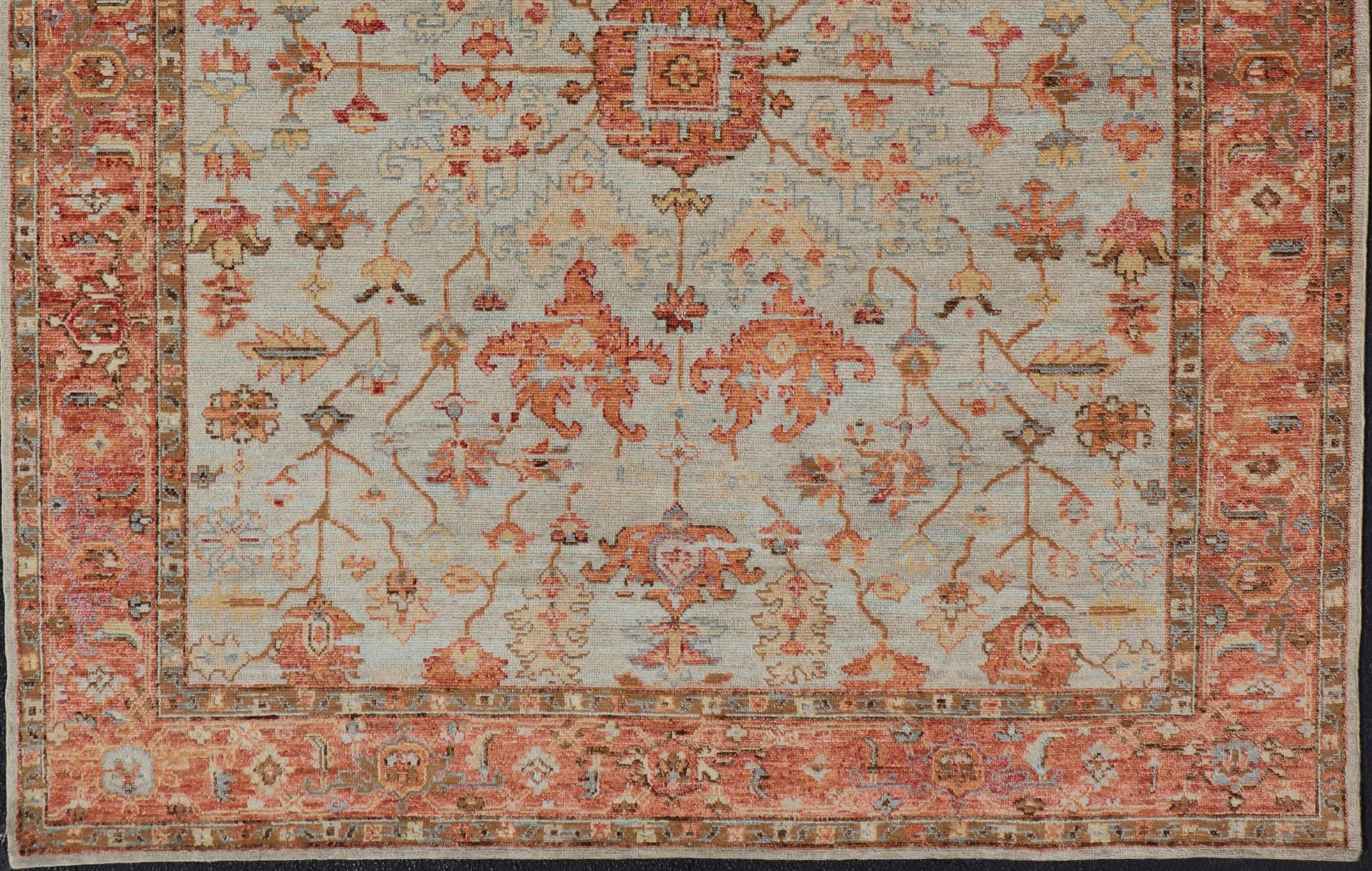 Hand-Knotted Burnt Orange and Cool Gray Modern Floral Oushak with All-Over Design For Sale