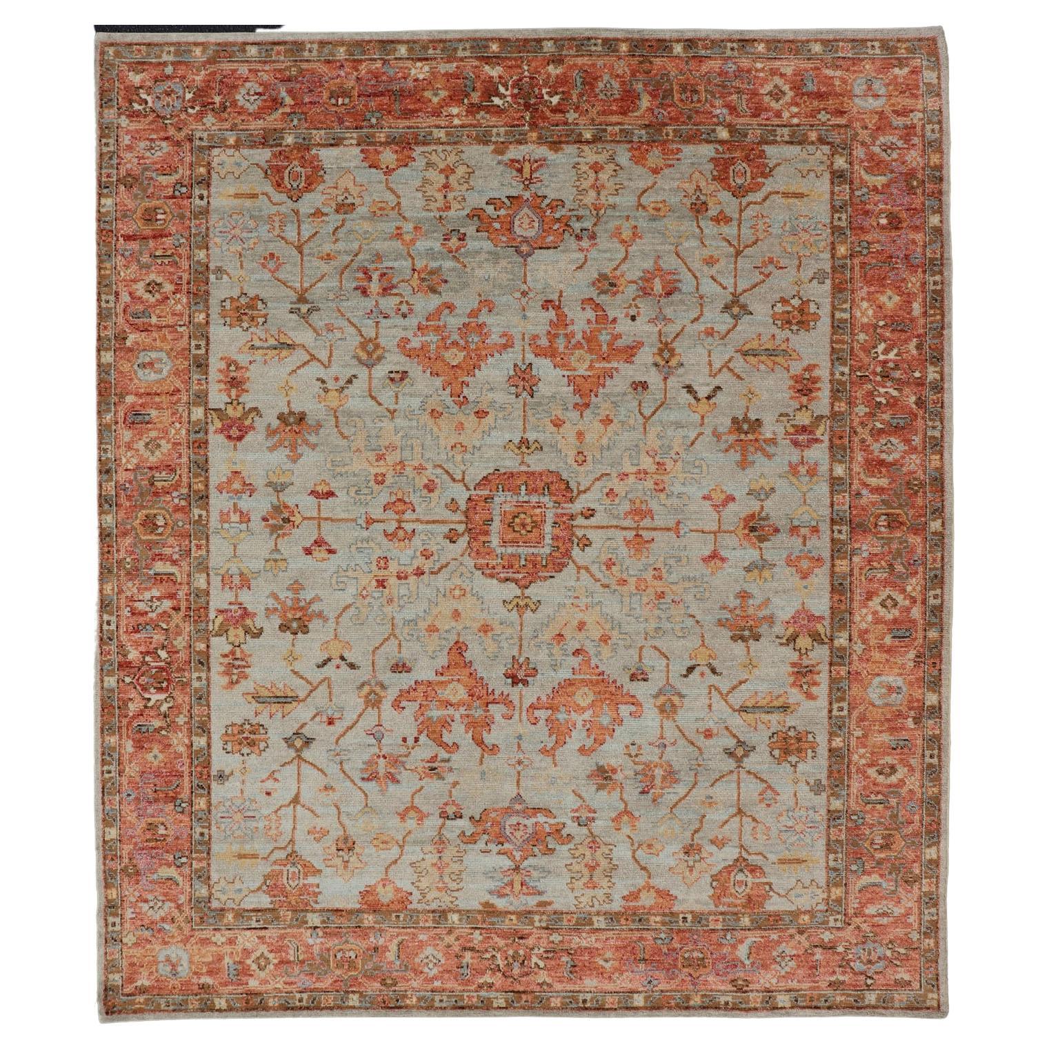  Burnt Orange and Cool Gray Modern Floral Oushak with All-Over Design For Sale