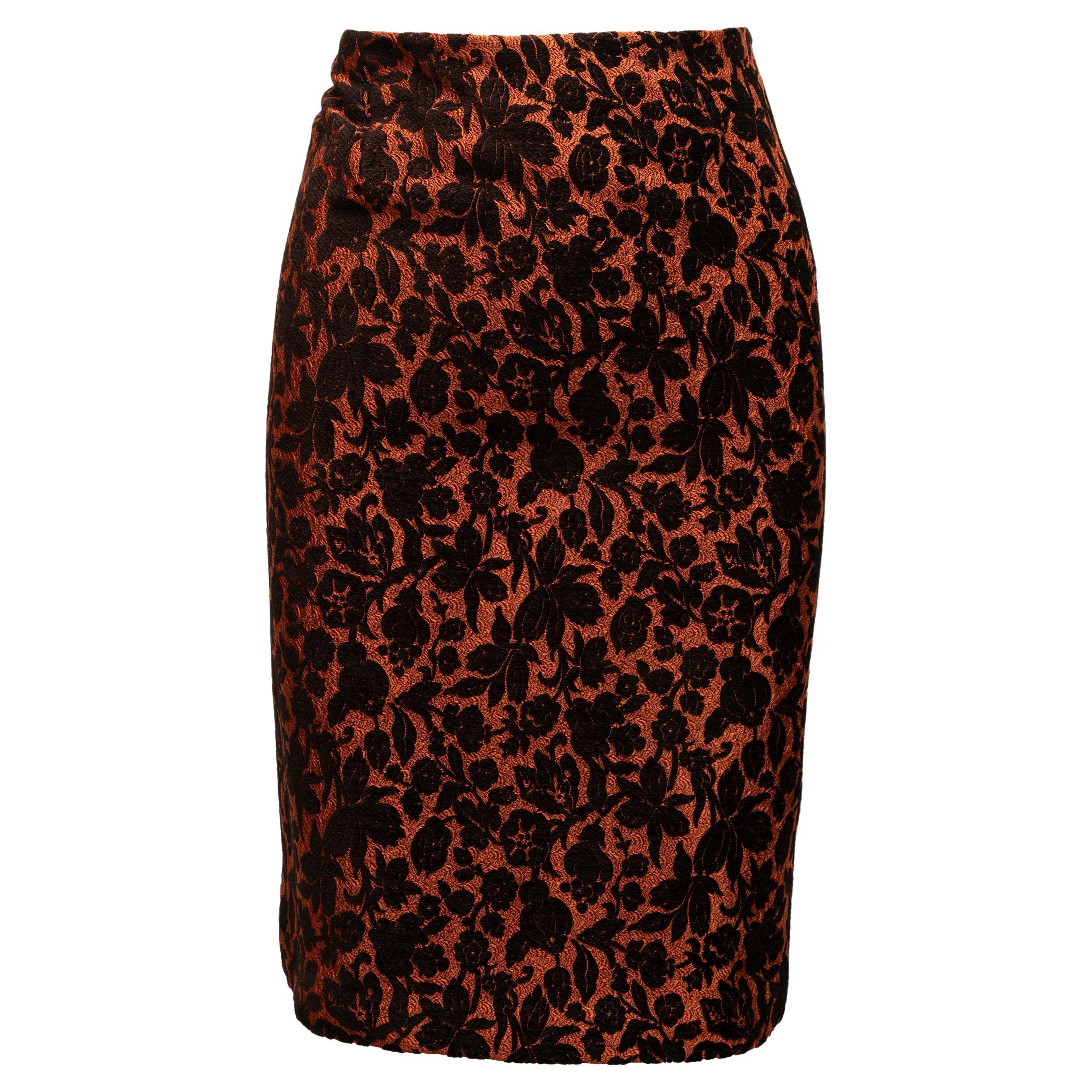 Burnt Orange & Black Carolina Herrera Brocade Pencil Skirt Size US 6 For Sale