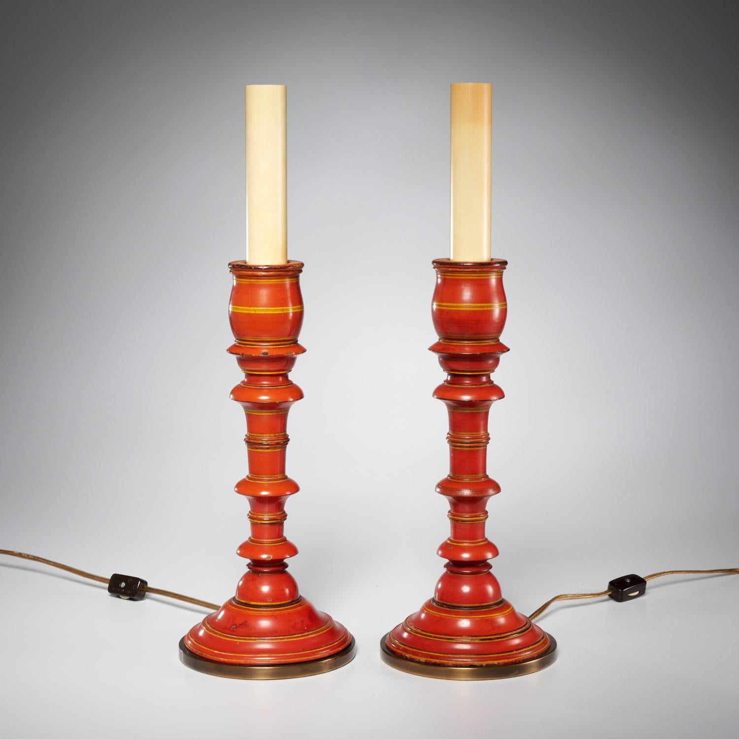 20th Century Burnt Orange Burmese Lacquer Candlestick Lamps, a Pair
