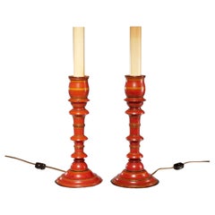 Burnt Orange Burmese Lacquer Candlestick Lamps, a Pair