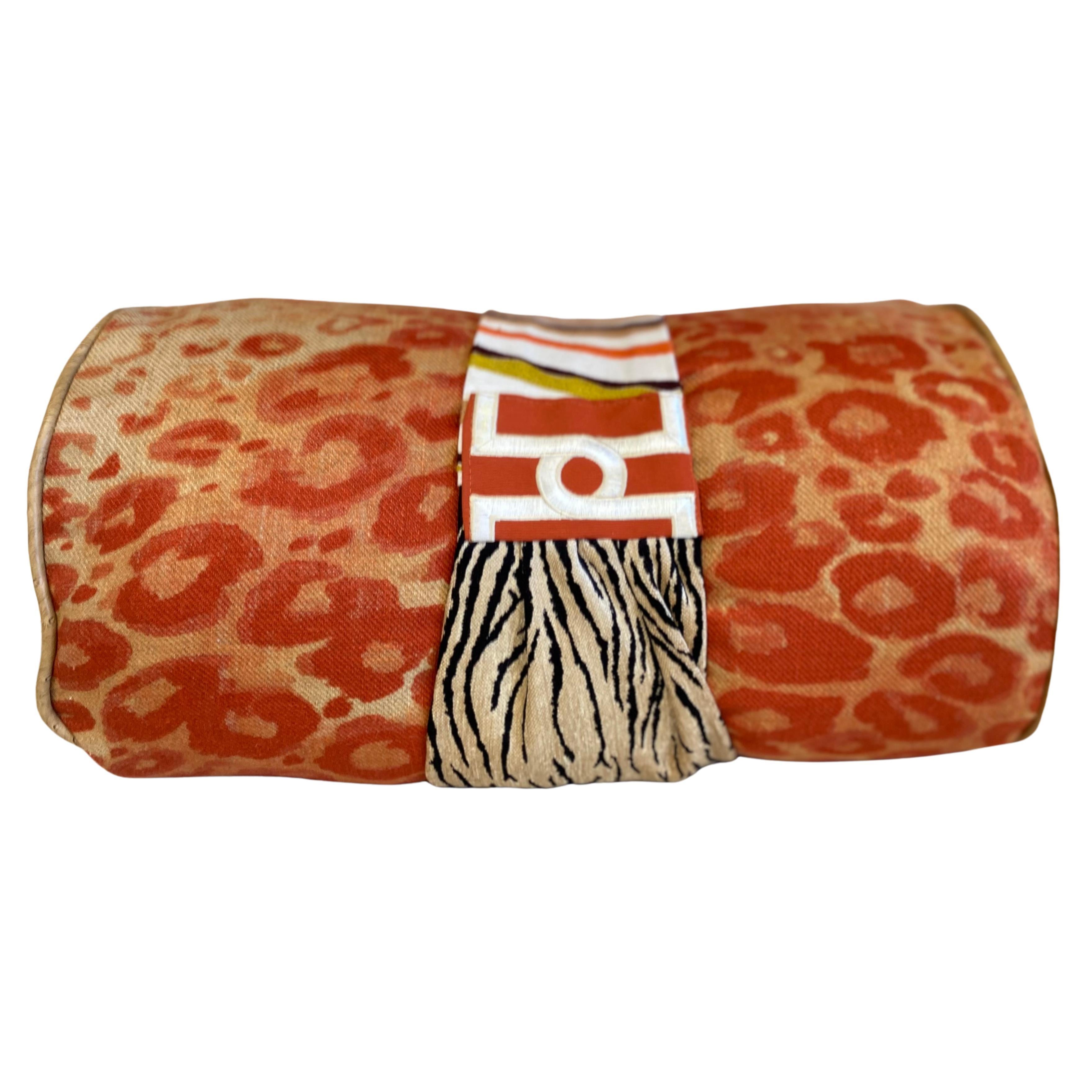 Burnt Orange Cashmere Bolster Pillow with " Headband " and Ostritch Leather Welt For Sale at 1stDibs