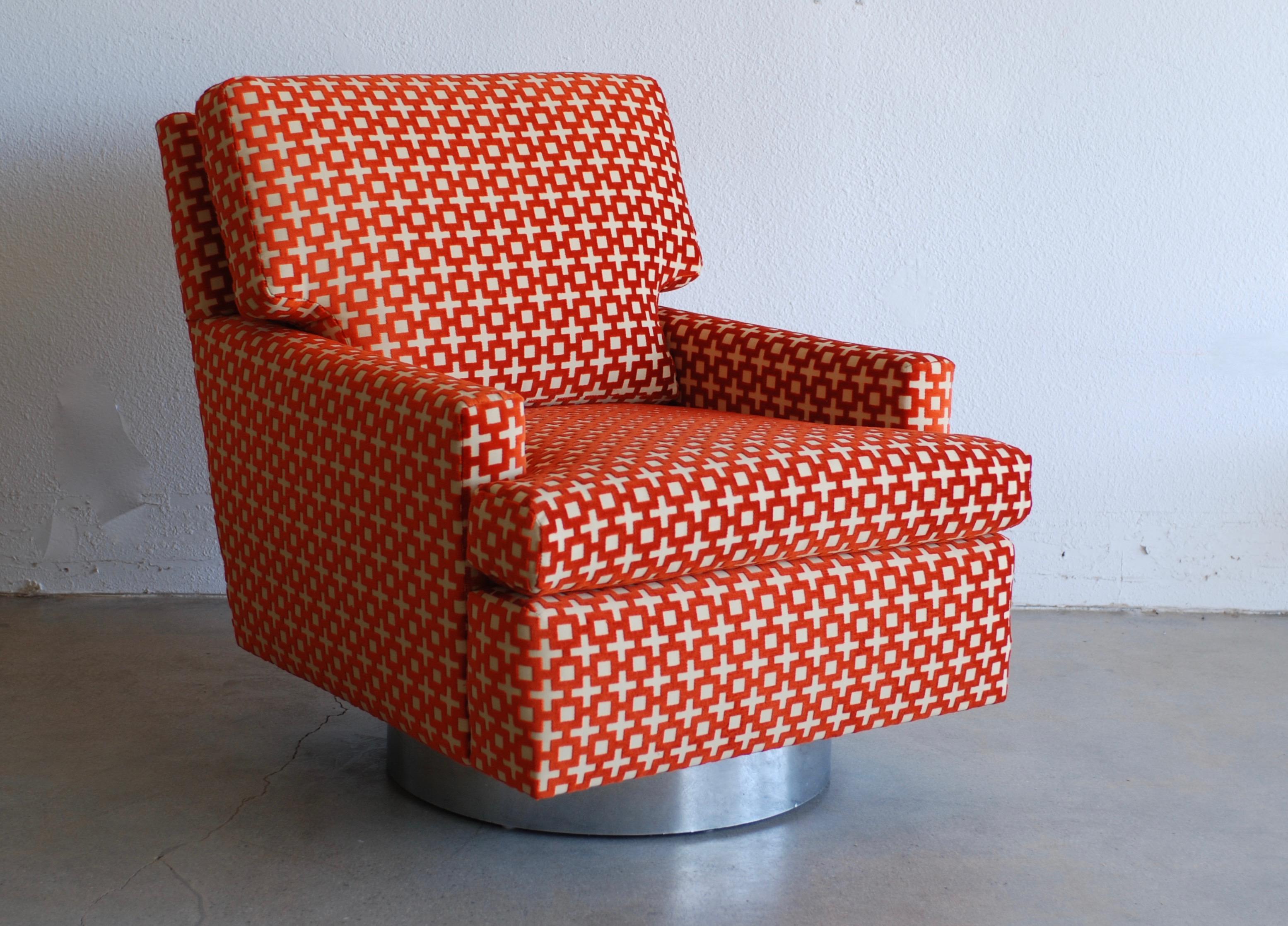 Burnt Orange Geometric Pattern Chrome Base Swivel Lounge Chair and Ottoman 2