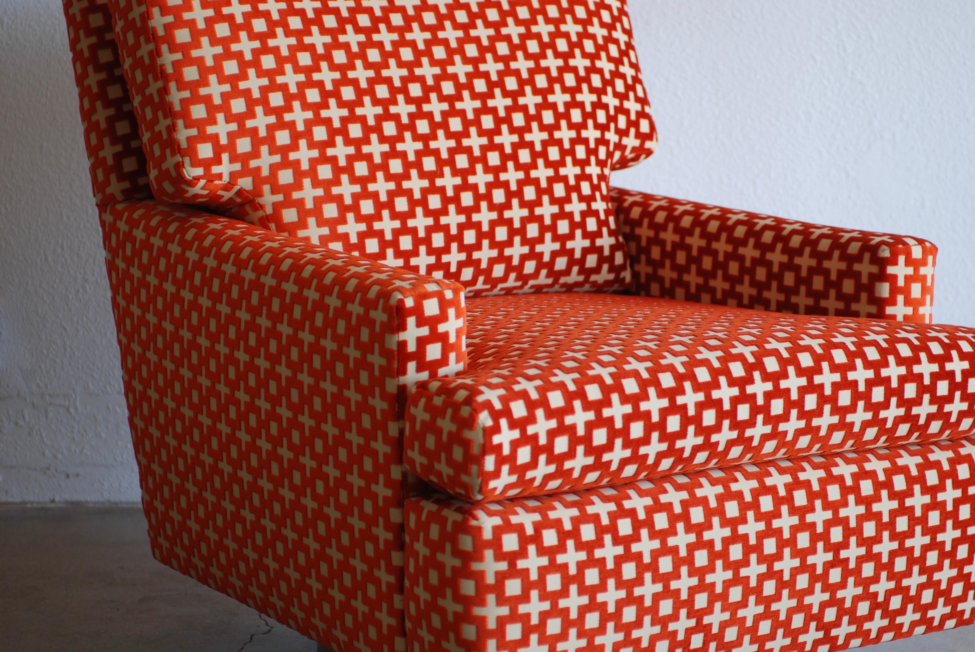 Burnt Orange Geometric Pattern Chrome Base Swivel Lounge Chair and Ottoman 3