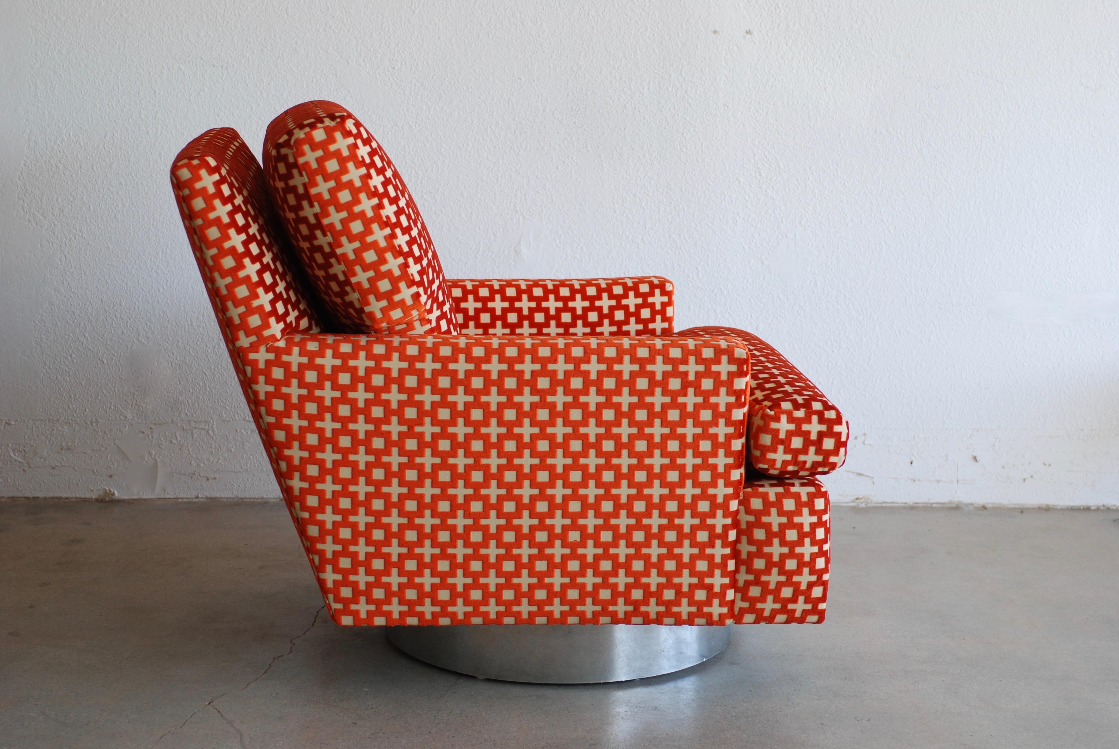 Burnt Orange Geometric Pattern Chrome Base Swivel Lounge Chair and Ottoman 4
