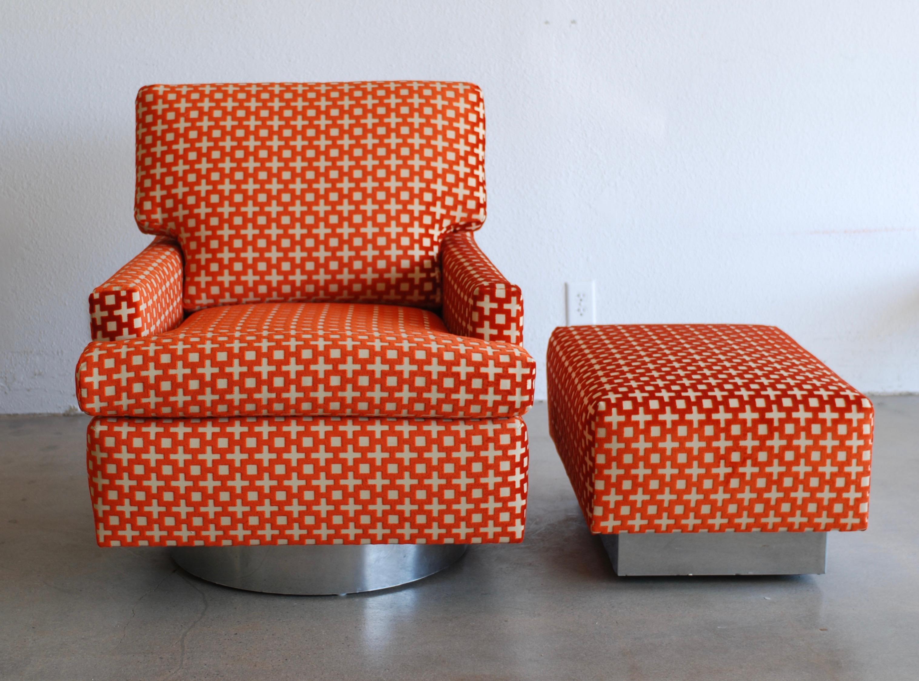 20th Century Burnt Orange Geometric Pattern Chrome Base Swivel Lounge Chair and Ottoman