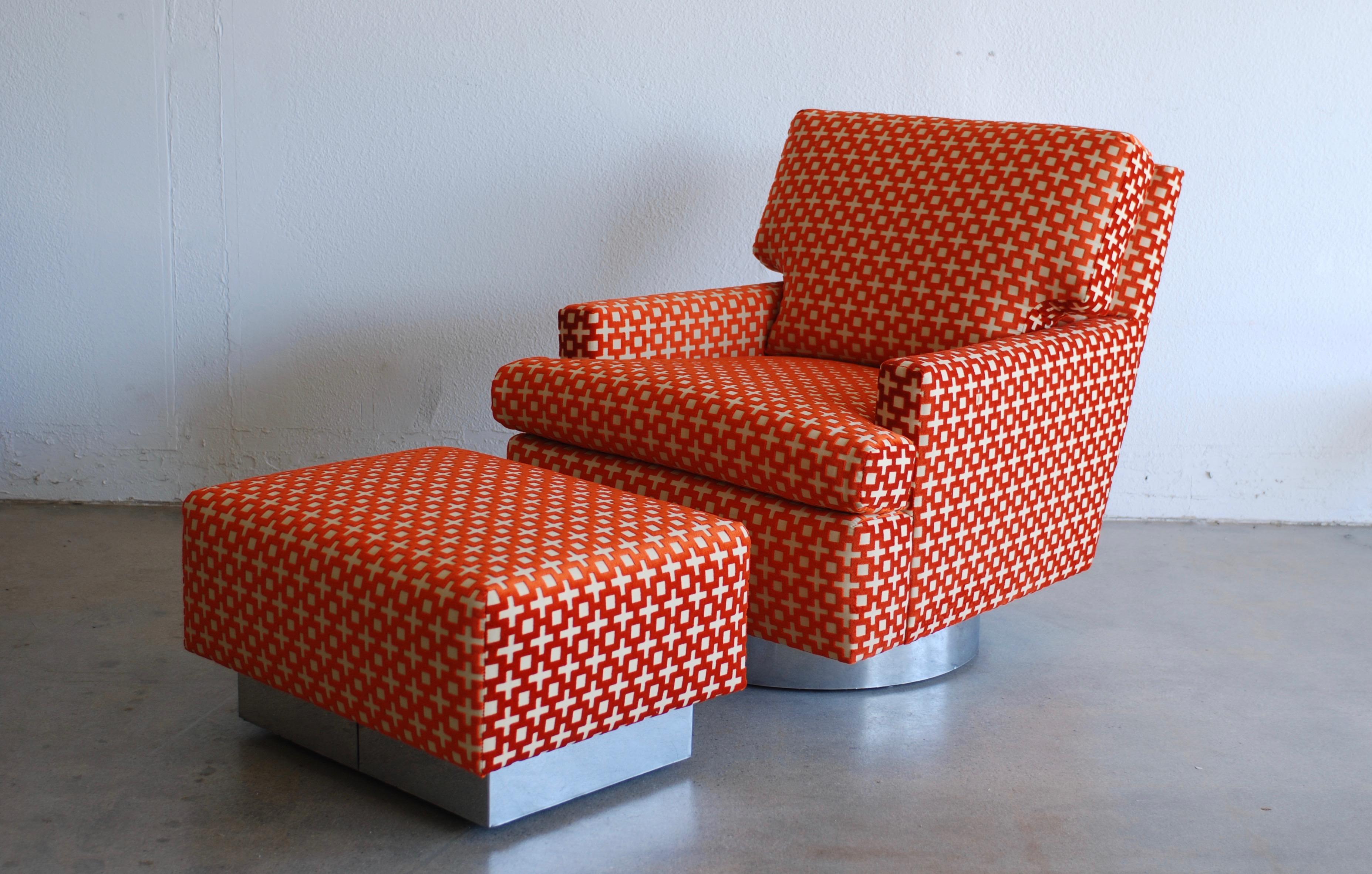 Upholstery Burnt Orange Geometric Pattern Chrome Base Swivel Lounge Chair and Ottoman