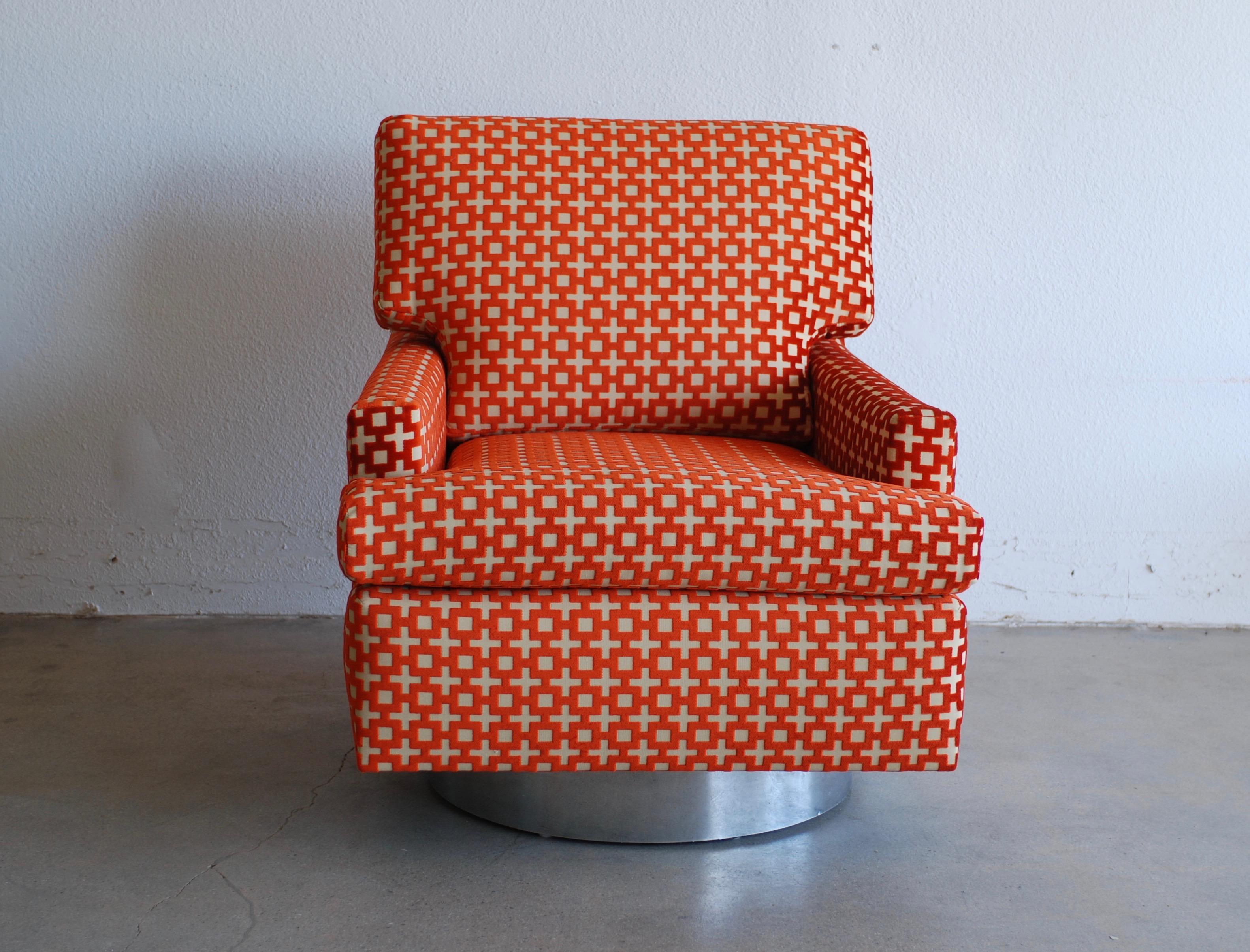 Burnt Orange Geometric Pattern Chrome Base Swivel Lounge Chair and Ottoman 1