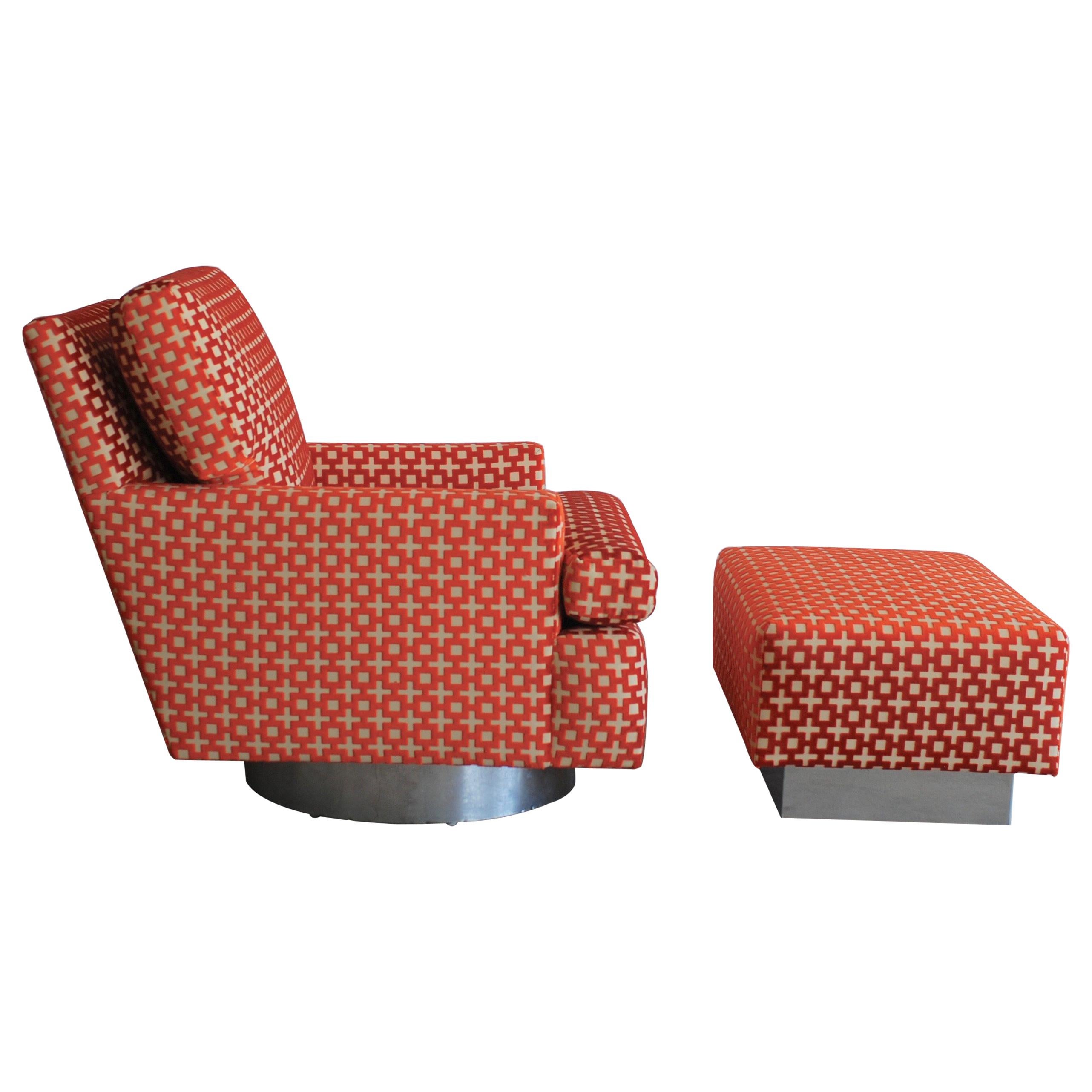 Burnt Orange Geometric Pattern Chrome Base Swivel Lounge Chair and Ottoman