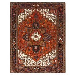 Burnt Orange Hand Knotted Semi Antique Persian Heriz Professionally Cleaned Rug
