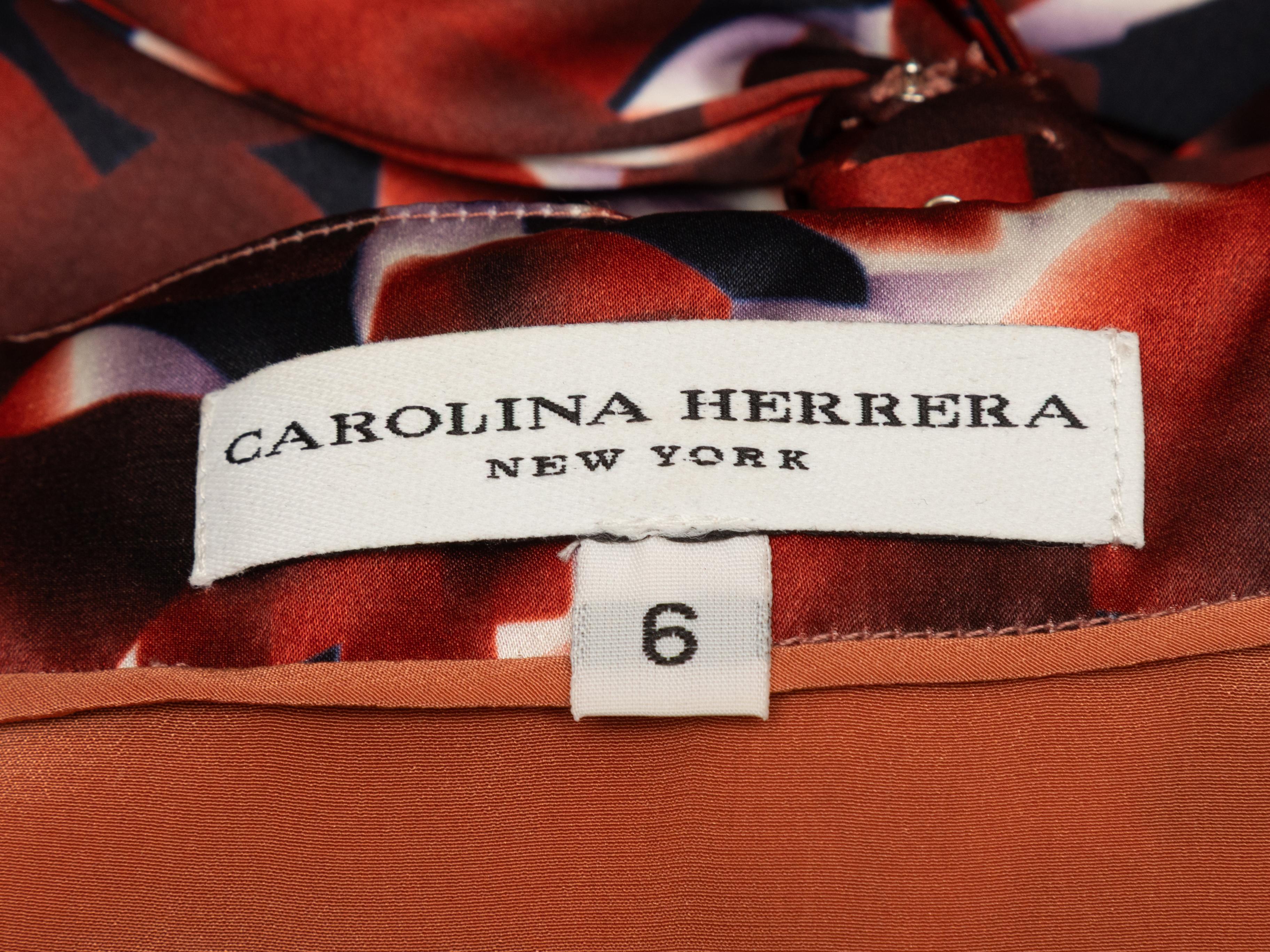 Arancio bruciato e multicolore, il vestito in seta stampata di Carolina Herrera misura US 6 In condizioni buone in vendita a New York, NY