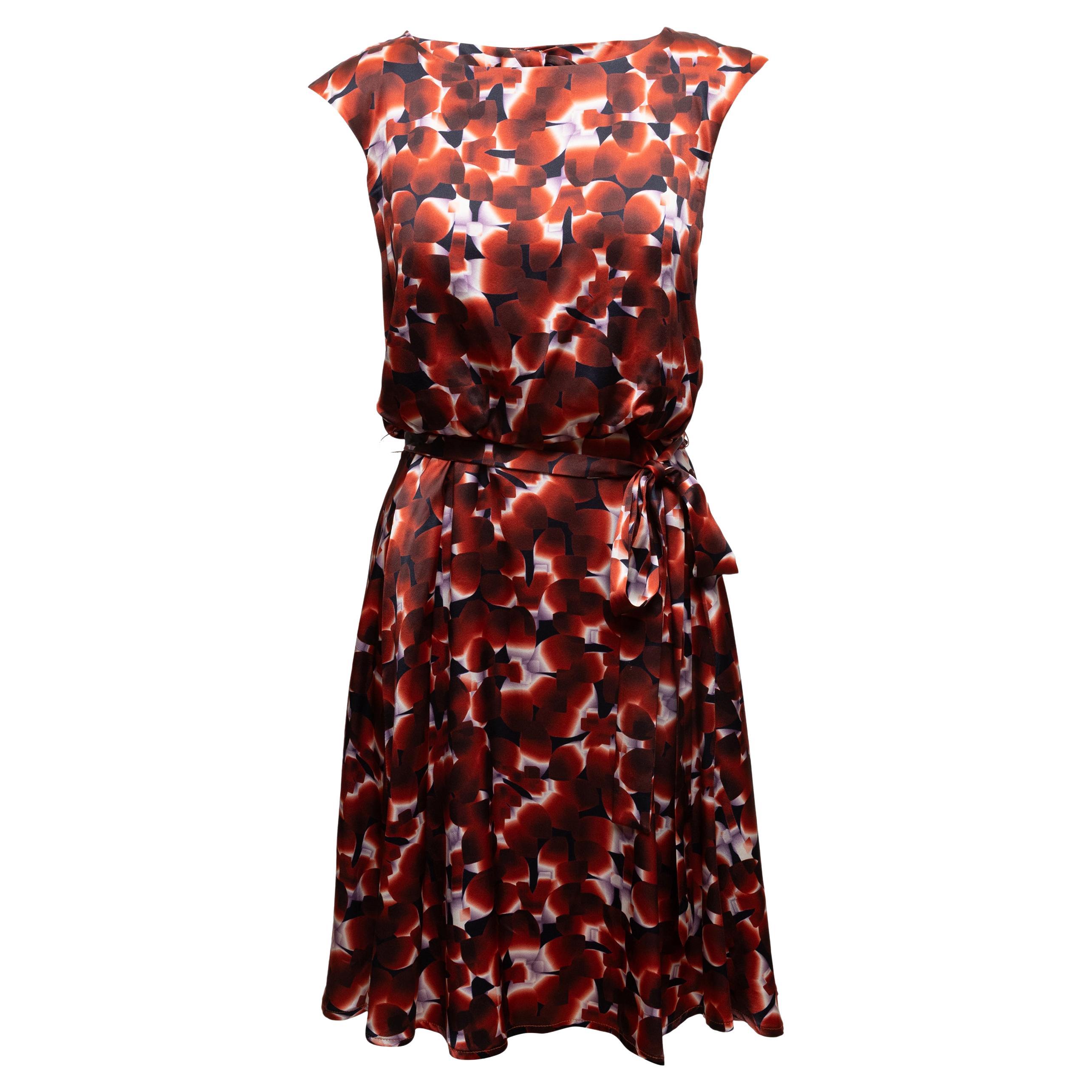 Burnt Orange & Multicolor Carolina Herrera Silk Printed Dress Size US 6