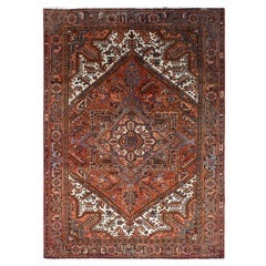 Burnt Orange Retro Persian Heriz Hand Knotted Rustic Feel Natural Wool Rug