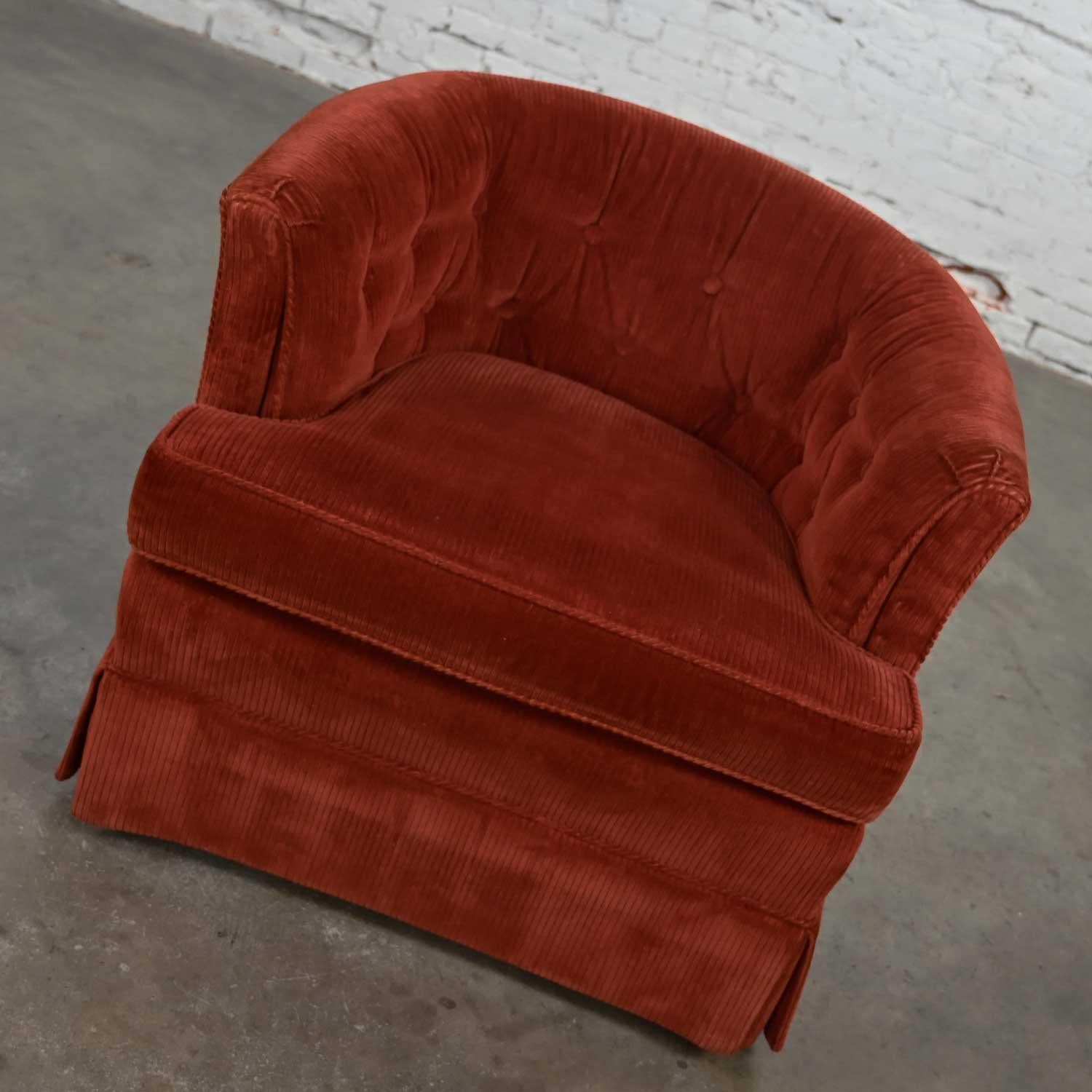 Gorgeous burnt orange wide wale brushed corduroy tub or barrel chair by Shuford Furniture a division of Century Furniture. Beautiful condition, keeping in mind that this is vintage and not new so will have signs of use and wear. The wide wale