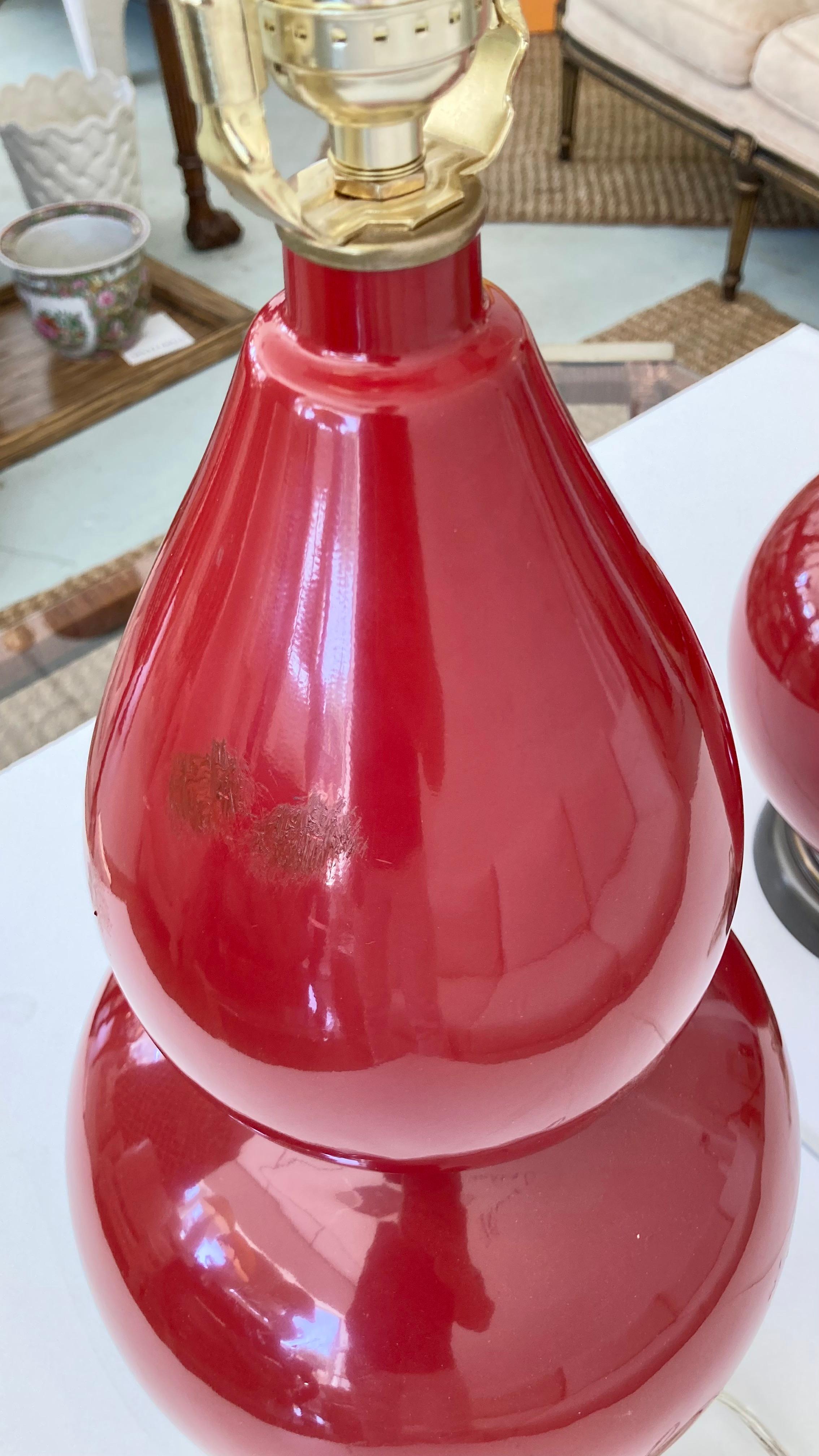 Burnt Red Glazed Ceramic Gourd Table Lamps With, a Pair For Sale 4