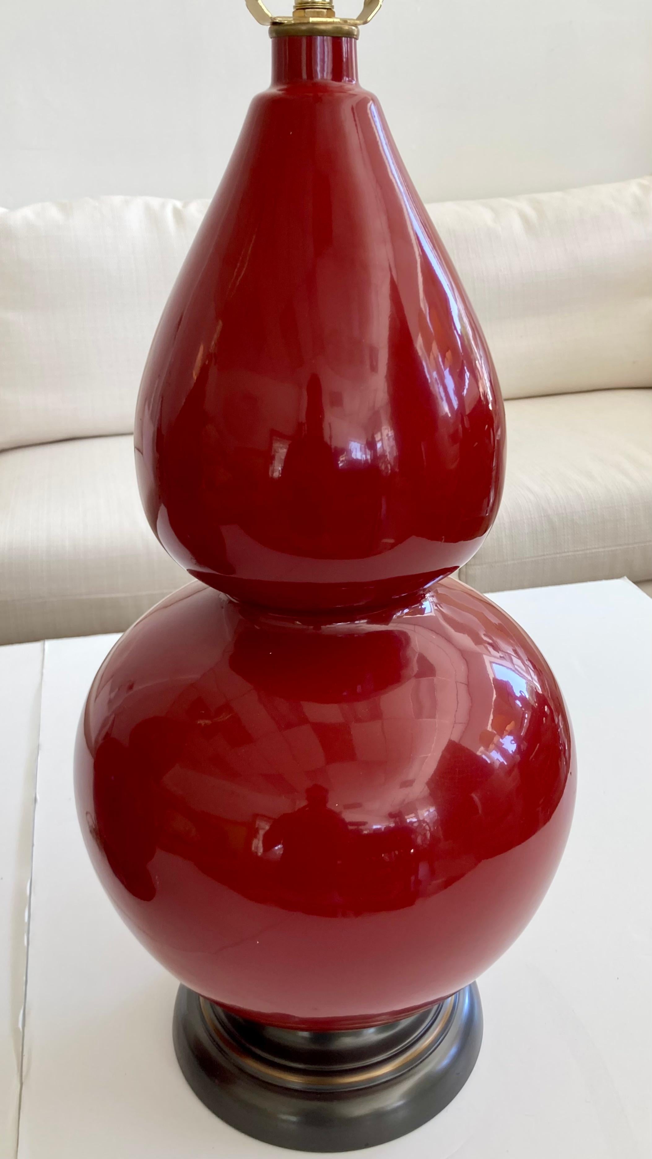 Burnt Red Glazed Ceramic Gourd Table Lamps With, a Pair For Sale 5